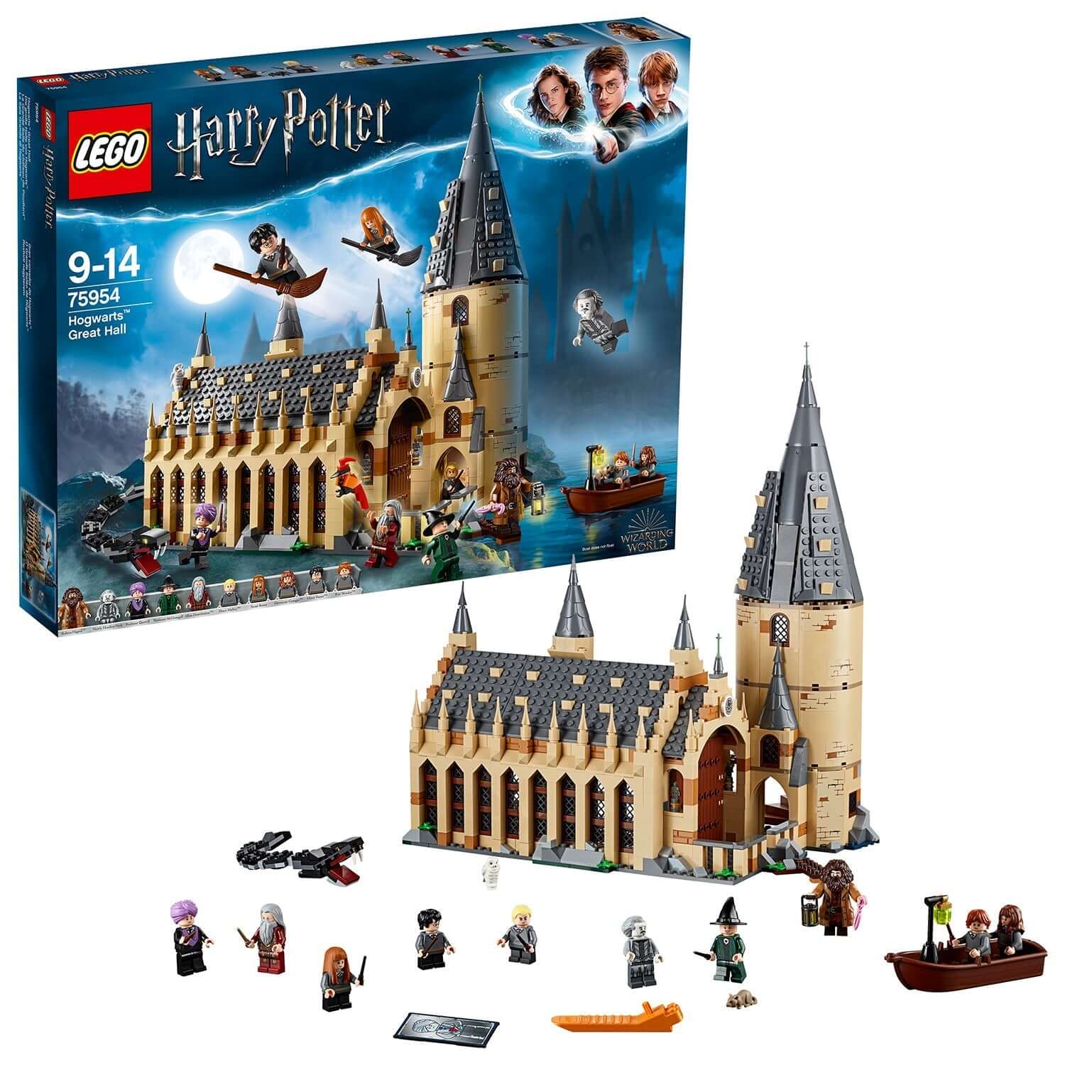 LEGO Harry Potter Great Hall Castle Set 75954 with Hogwarts castle, minifigures, and accessories for ages 9-14.
