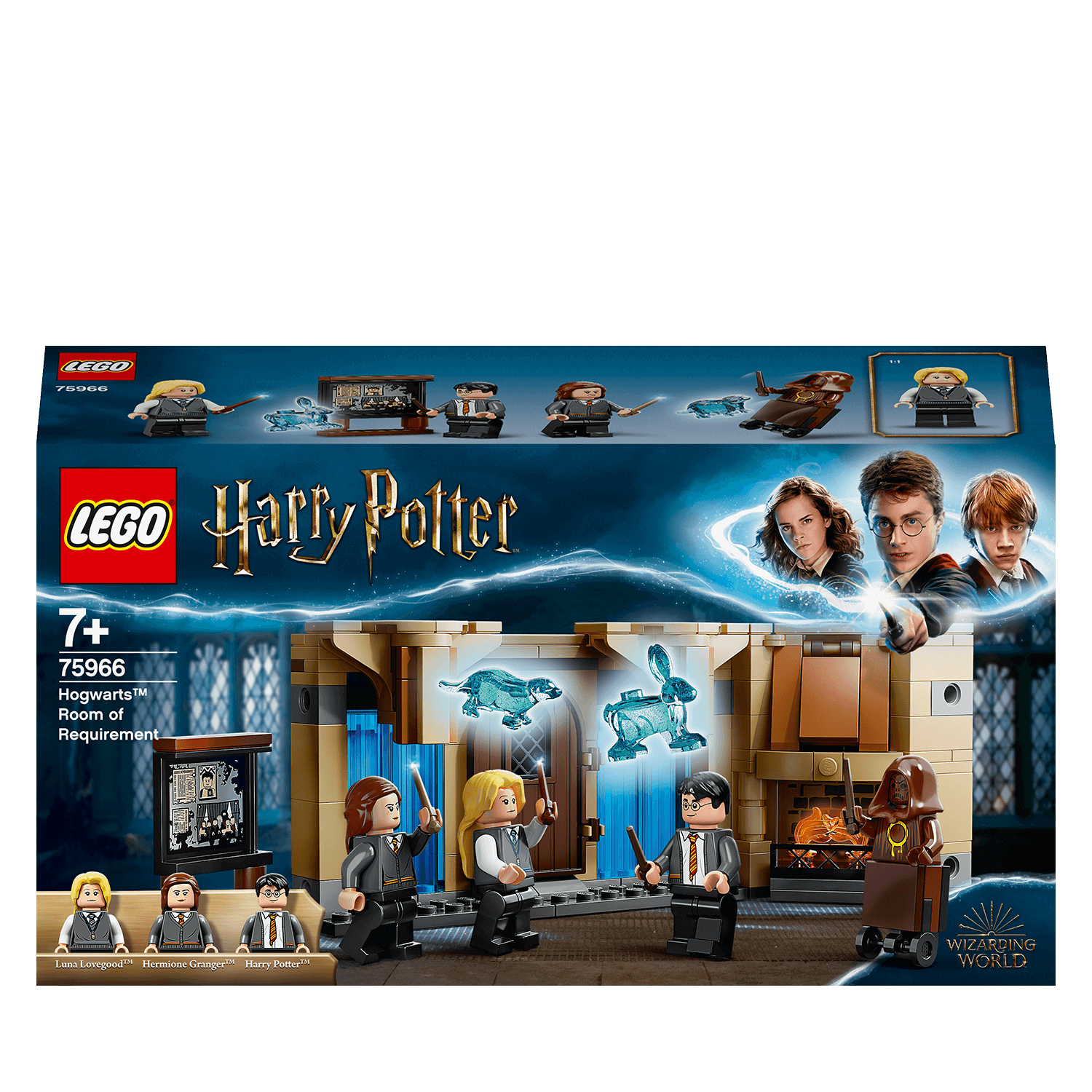 LEGO Harry Potter Hogwarts Room of Requirement 75966 set with Harry, Hermione, and Luna practicing spells.
