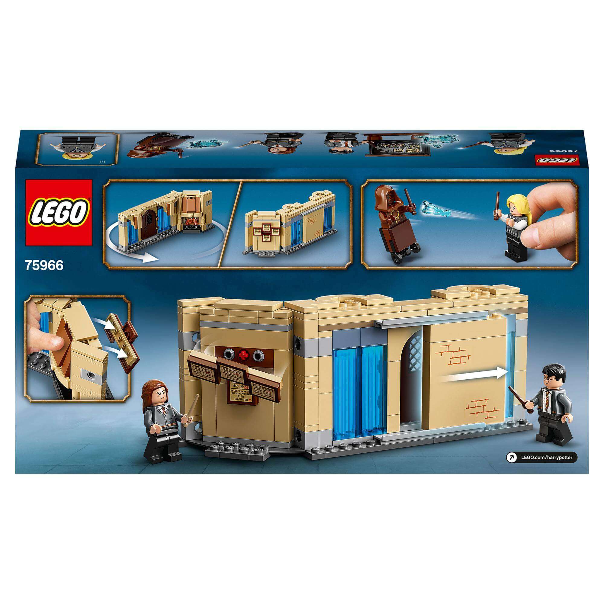 LEGO Harry Potter Room of Requirement 75966 set featuring Harry, Hermione, and Luna with spellcasting action.