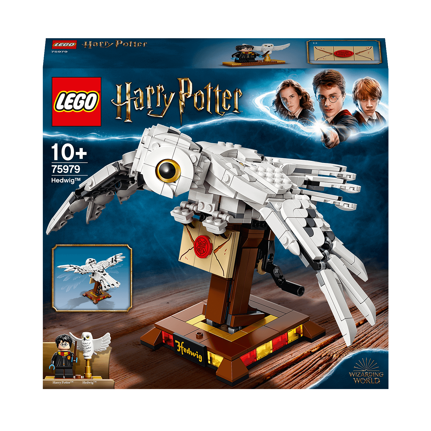 LEGO Harry Potter Hedwig Display Building Set 75979, featuring a buildable owl with wings and detailed collectible model.