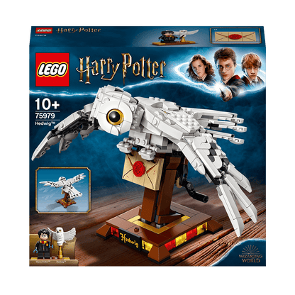 LEGO Harry Potter Hedwig Display Building Set 75979, featuring a buildable owl with wings and detailed collectible model.