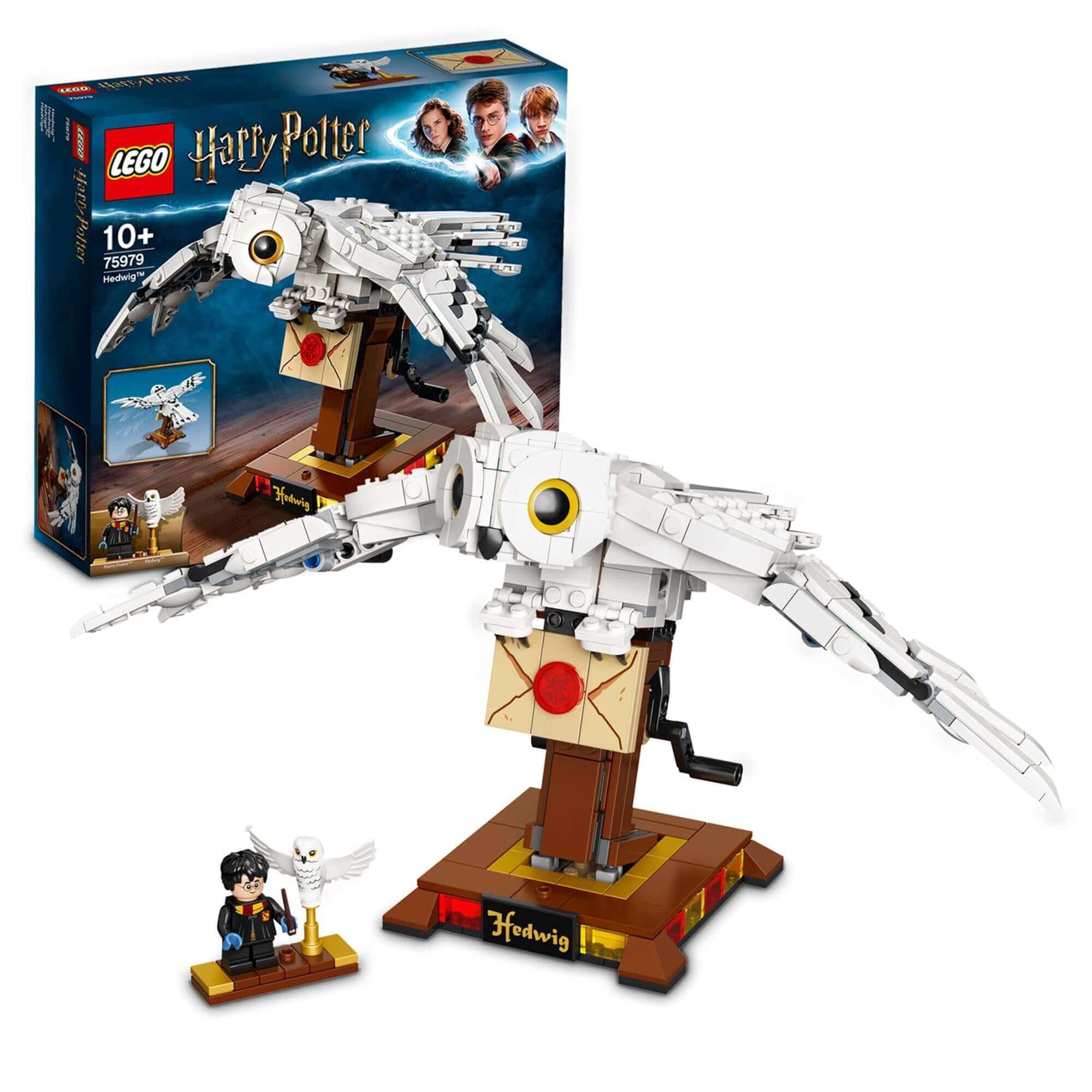 LEGO Harry Potter Hedwig Display Set 75979 with flying owl model and Harry Potter minifigure.