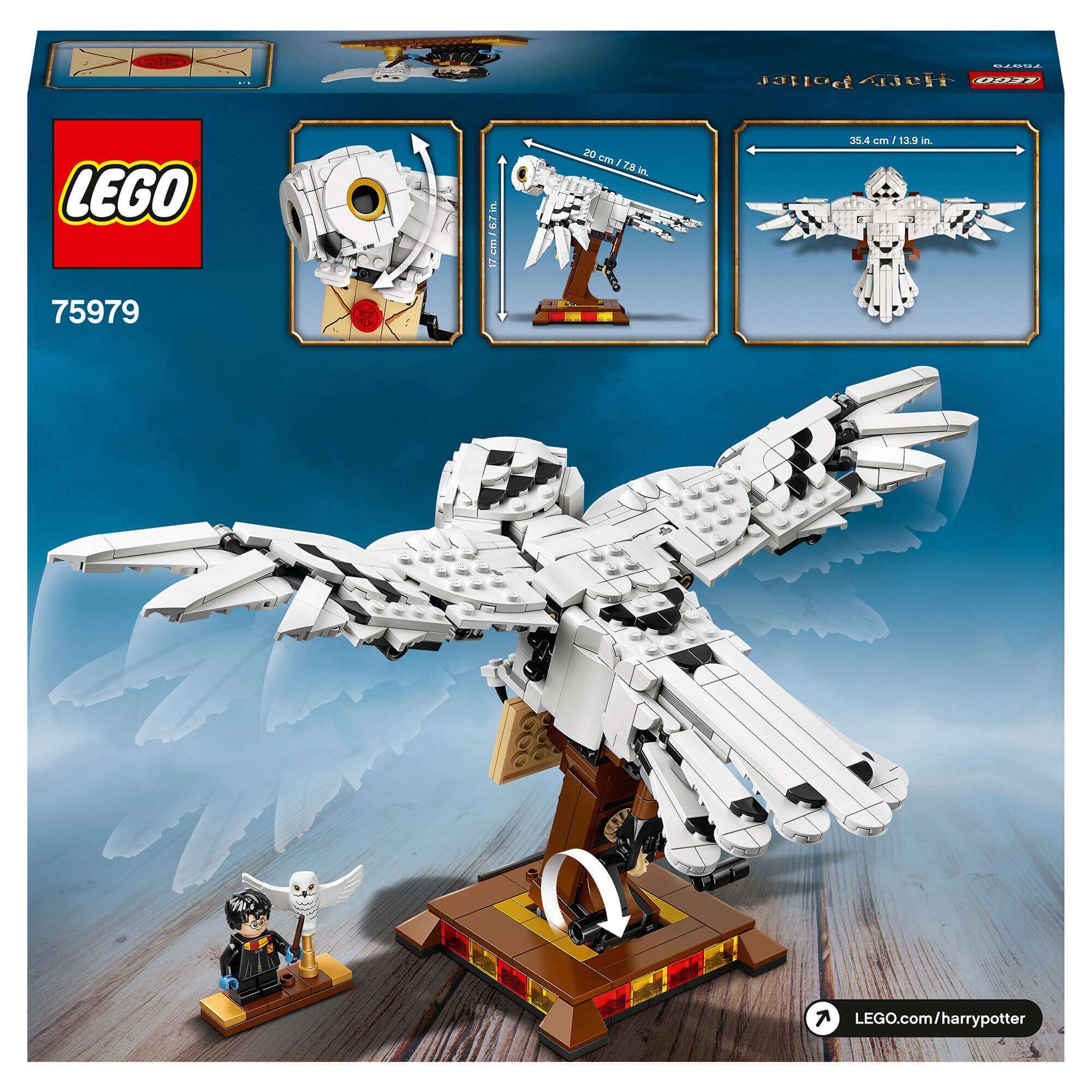 LEGO® Harry Potter Hedwig display set 75979 featuring a buildable owl with flying wings and collectible details.
