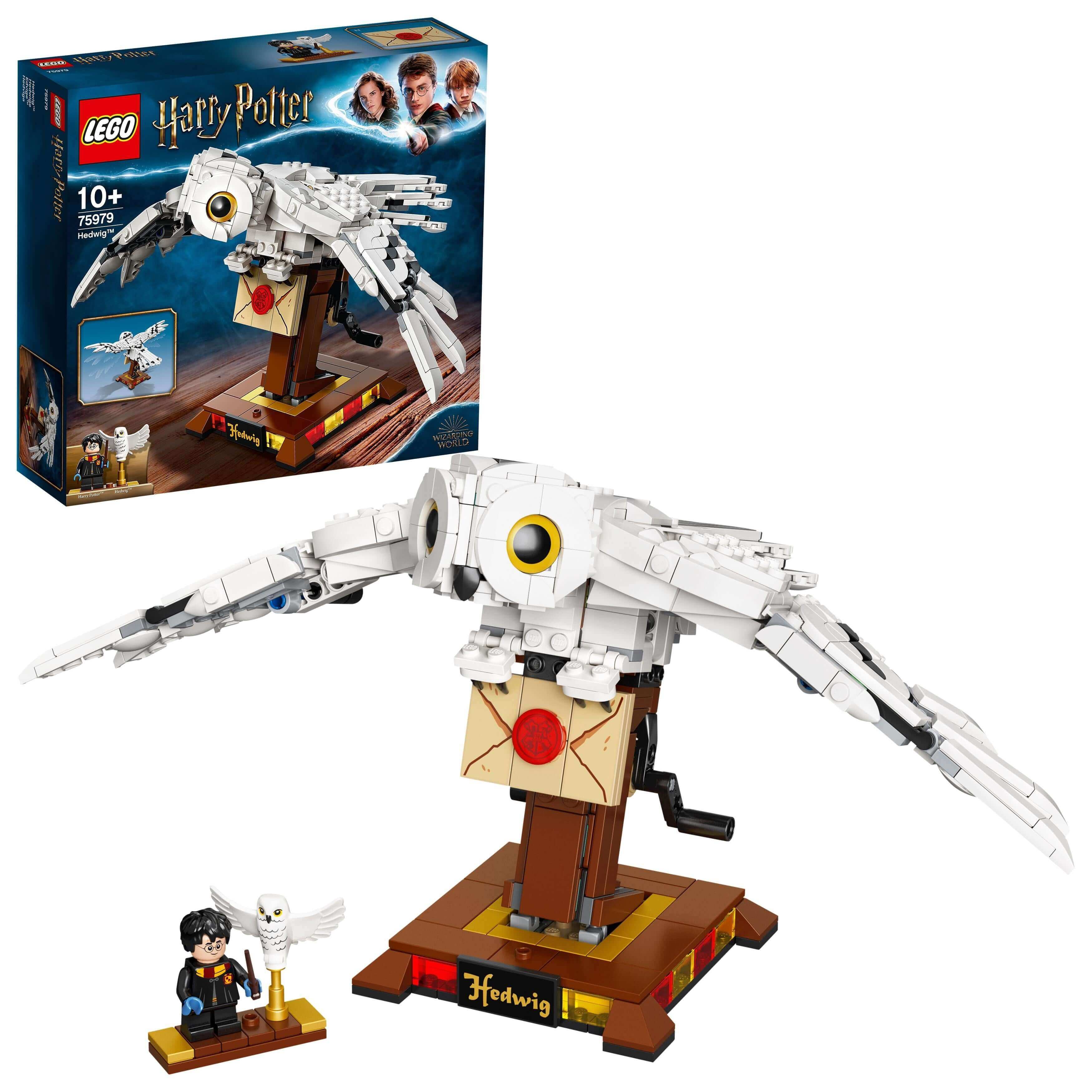 LEGO Harry Potter Hedwig Display Set 75979 featuring buildable owl model with wings, collectible for fans.
