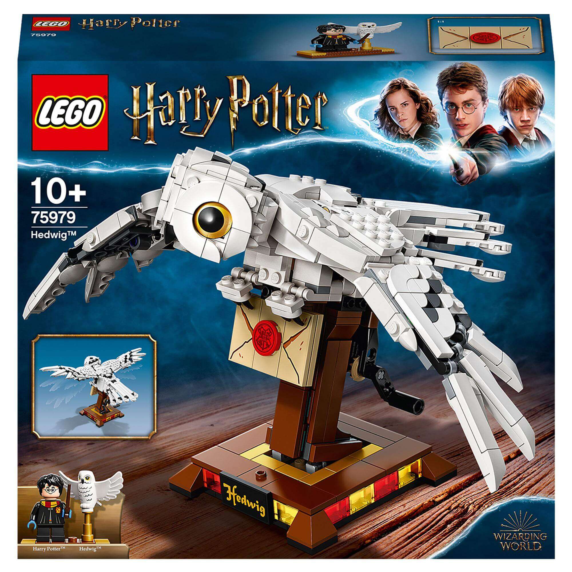 LEGO Harry Potter Hedwig Display Building Set 75979 featuring a detailed owl model with flying wings.