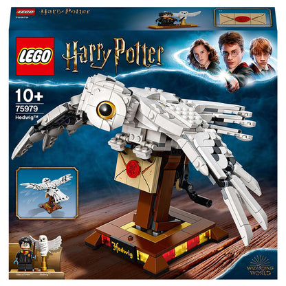 LEGO Harry Potter Hedwig Display Building Set 75979 featuring a detailed owl model with flying wings.