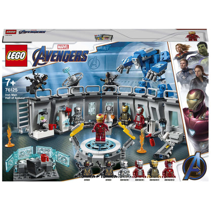 LEGO Marvel Avengers Iron Man Hall of Armor 76125 set with 4 armored suits and lab features, ideal for creative play.