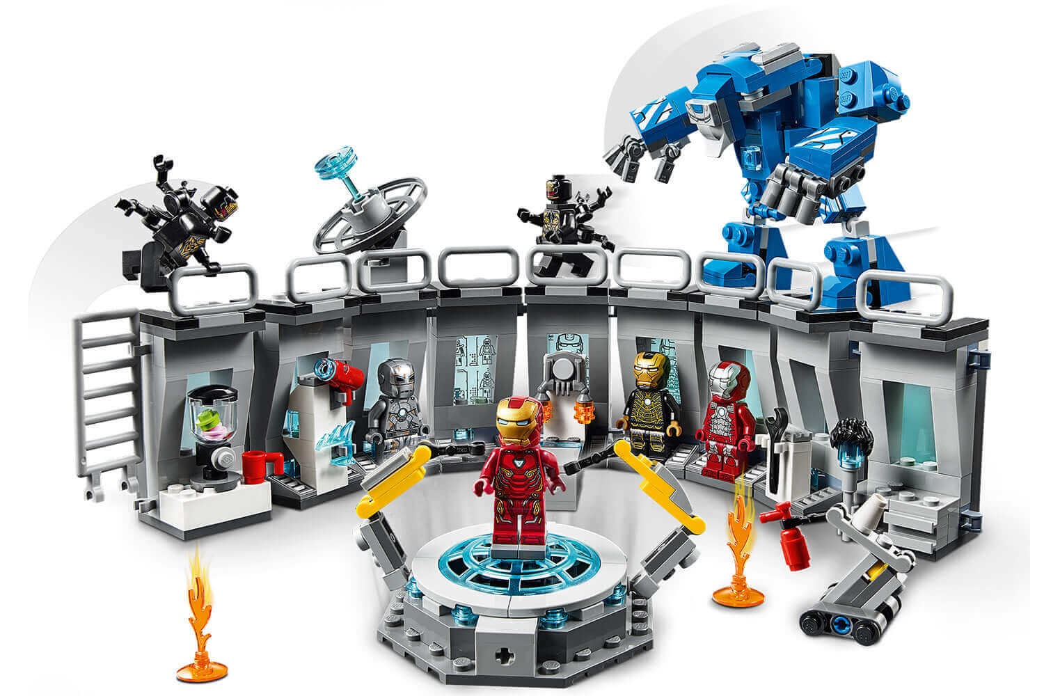 LEGO Marvel Avengers Iron Man Hall of Armor 76125 set with Iron Man suits and lab setup for building and play.