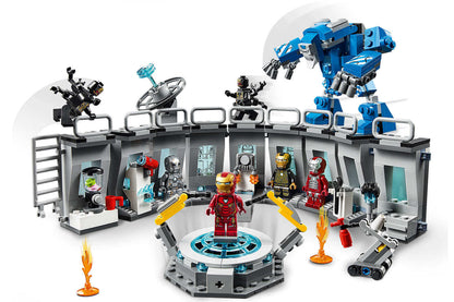 LEGO Marvel Avengers Iron Man Hall of Armor 76125 set with Iron Man suits and lab setup for building and play.