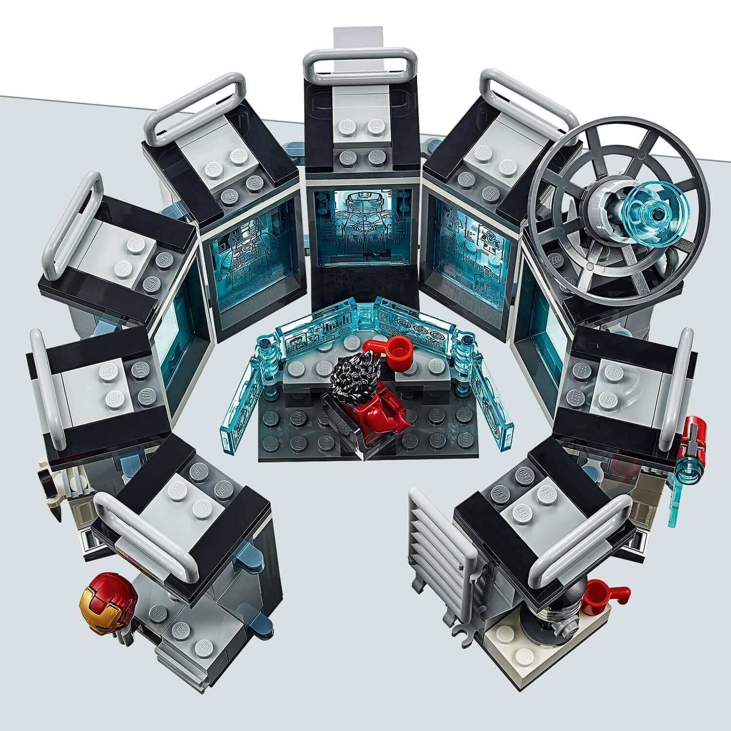 LEGO Marvel Avengers Iron Man Hall of Armor 76125 featuring Iron Man's lab with armored suits and accessories.