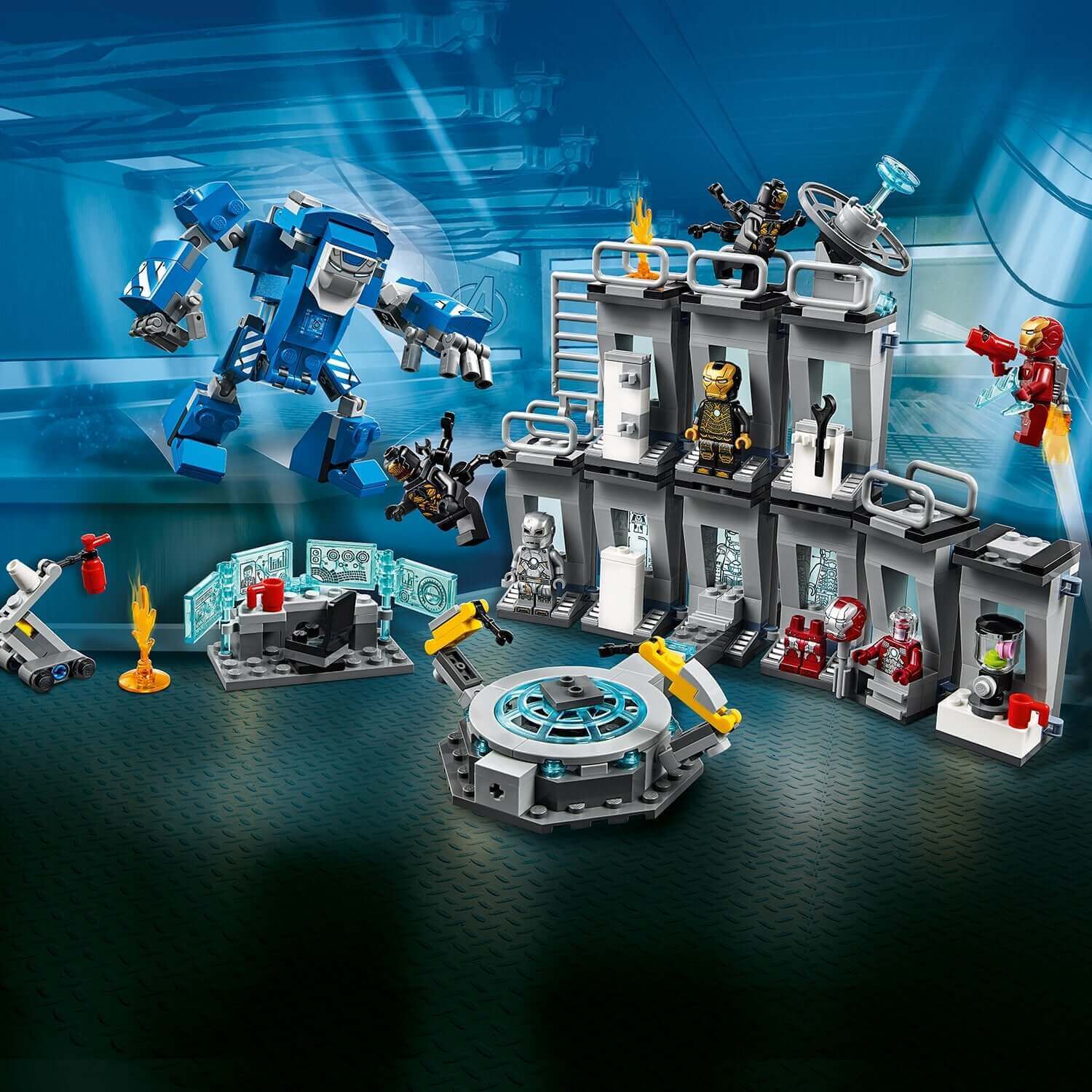 LEGO® Marvel Avengers Iron Man Hall of Armor 76125 set with armored suits and lab features, ideal for creative play.