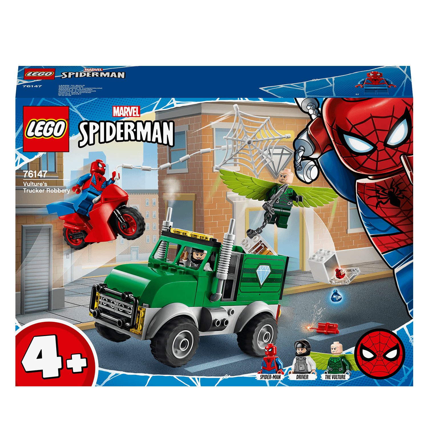 LEGO Marvel Spider-Man Trucker Robbery Set 76147 with Spider-Man, Vulture, and bank truck, perfect for young heroes.