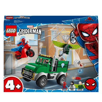 LEGO Marvel Spider-Man Trucker Robbery Set 76147 with Spider-Man, Vulture, and bank truck, perfect for young heroes.