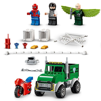 LEGO Marvel Spider-Man Trucker Robbery Set 76147 with Spider-Man, Vulture, bank truck, and accessories.