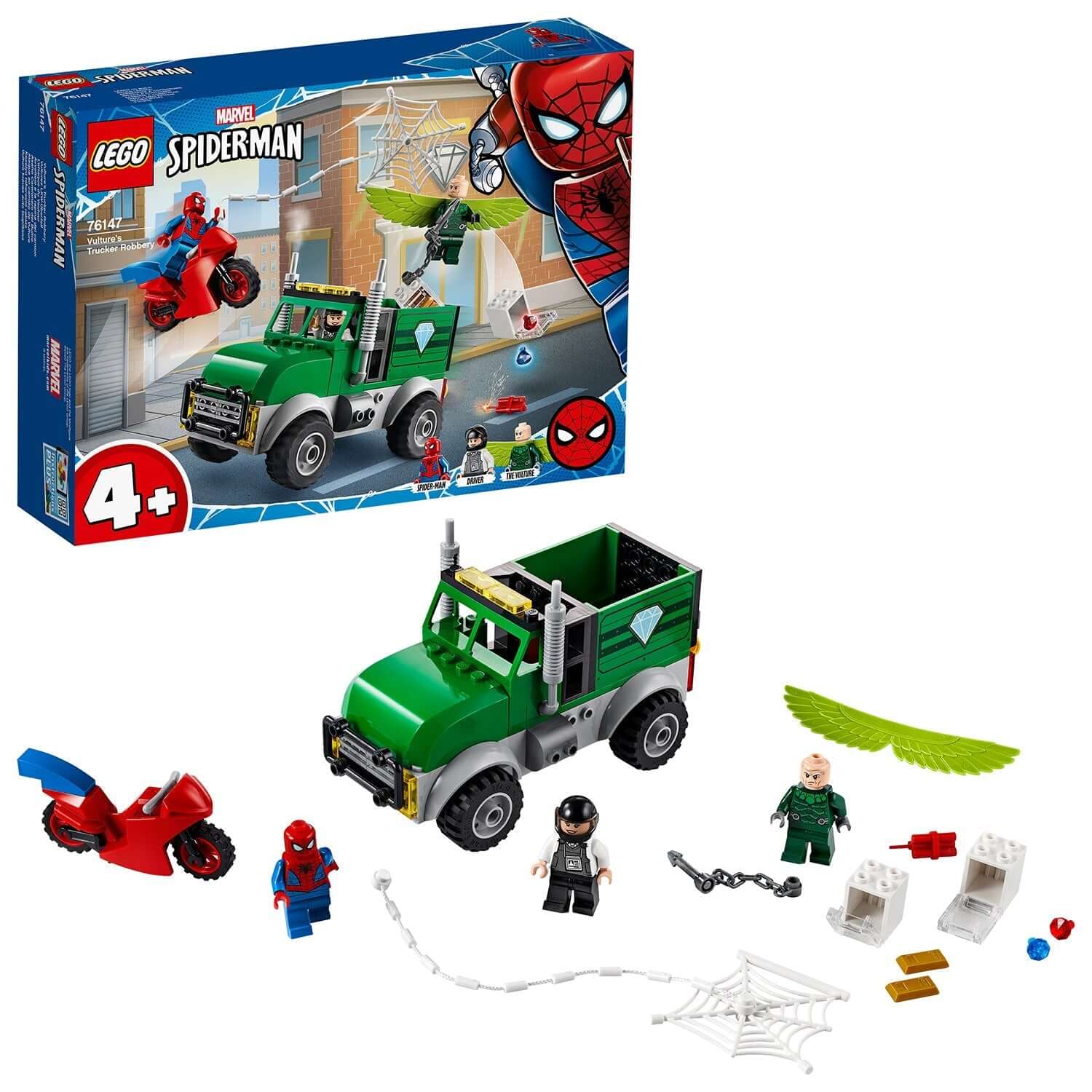 LEGO Marvel Spider-Man Trucker Robbery Set 76147 featuring Spider-Man, Vulture, bank truck, and accessories for imaginative play.