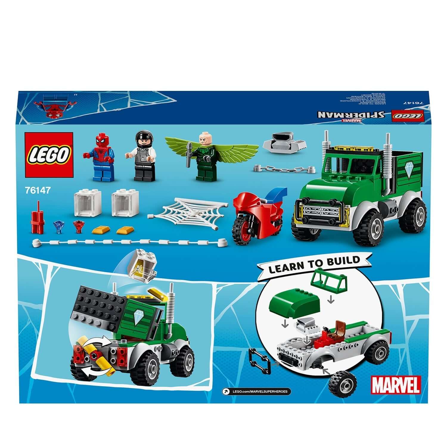LEGO Marvel Spider-Man Trucker Robbery Set 76147 featuring Spider-Man, Vulture, and a bank truck for kids.
