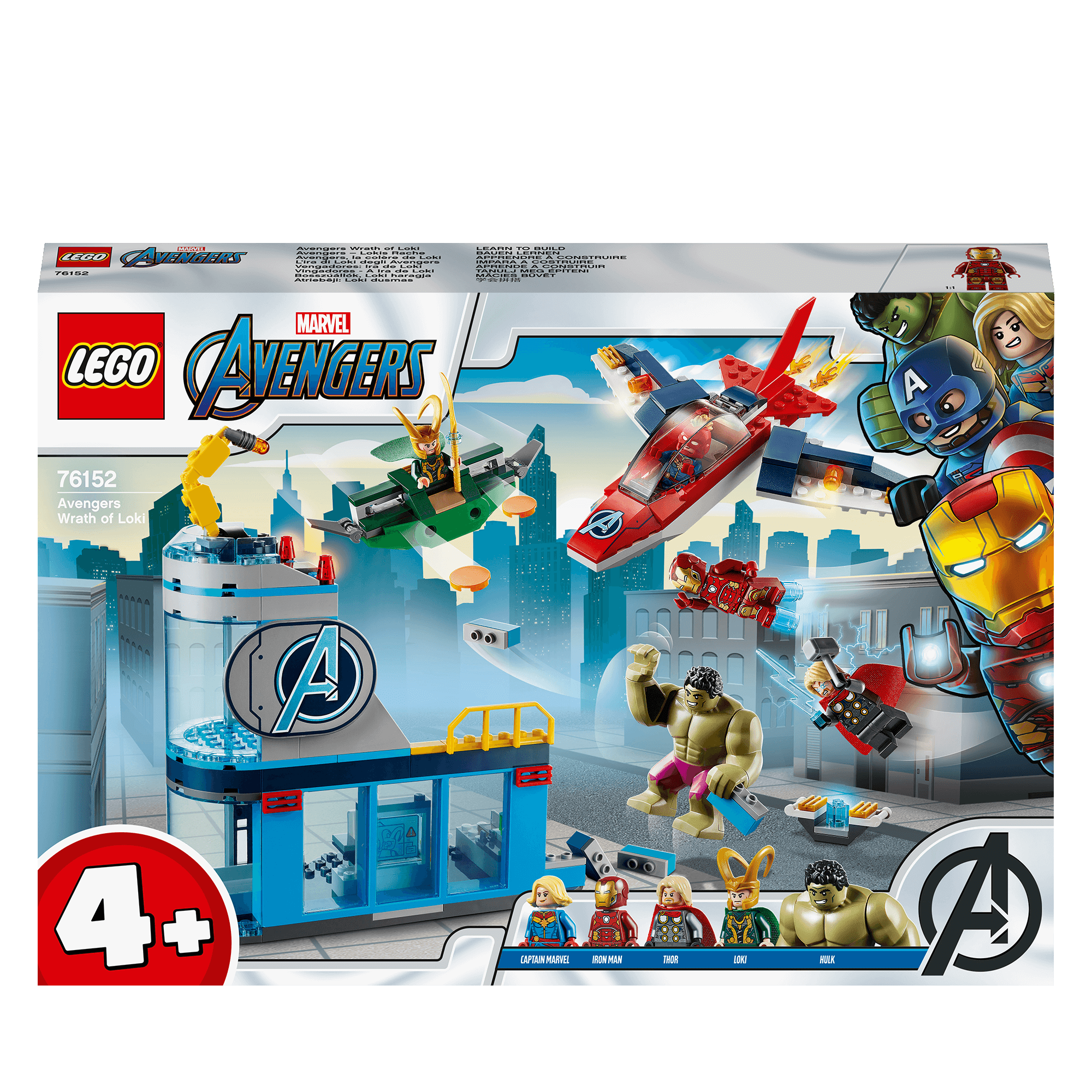 LEGO Marvel Avengers Wrath of Loki Set 76152 featuring Iron Man, Thor, Hulk, Captain Marvel, and Loki on the box.