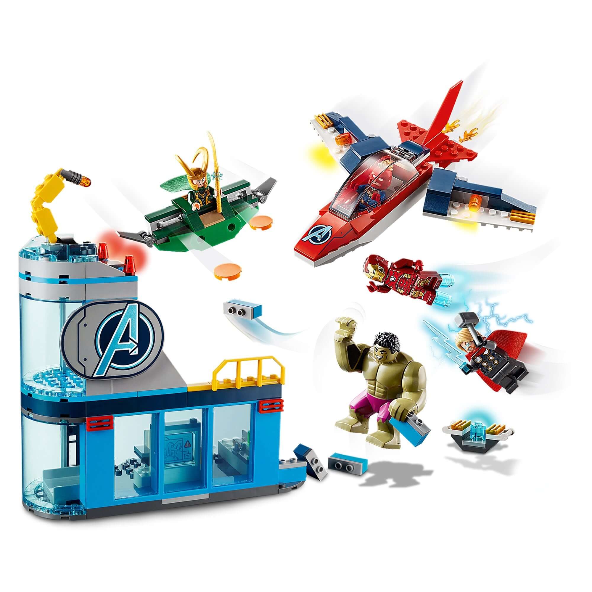 LEGO Marvel Avengers set 76152 featuring Iron Man, Thor, Hulk, Captain Marvel, and Loki in action.