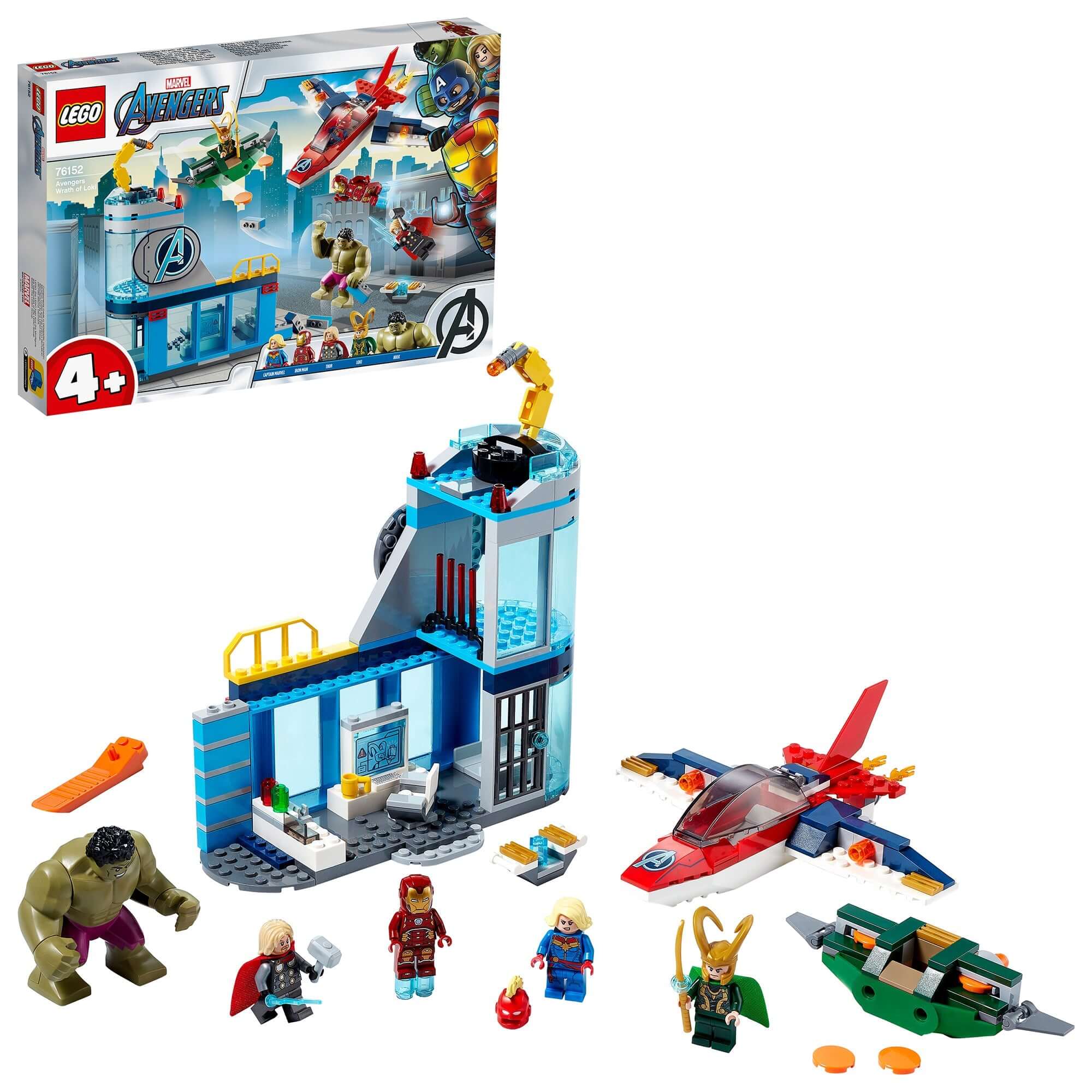 LEGO® Marvel Avengers Wrath of Loki Set 76152 with Iron Man, Thor, Hulk, Captain Marvel, Loki, and cool vehicles.