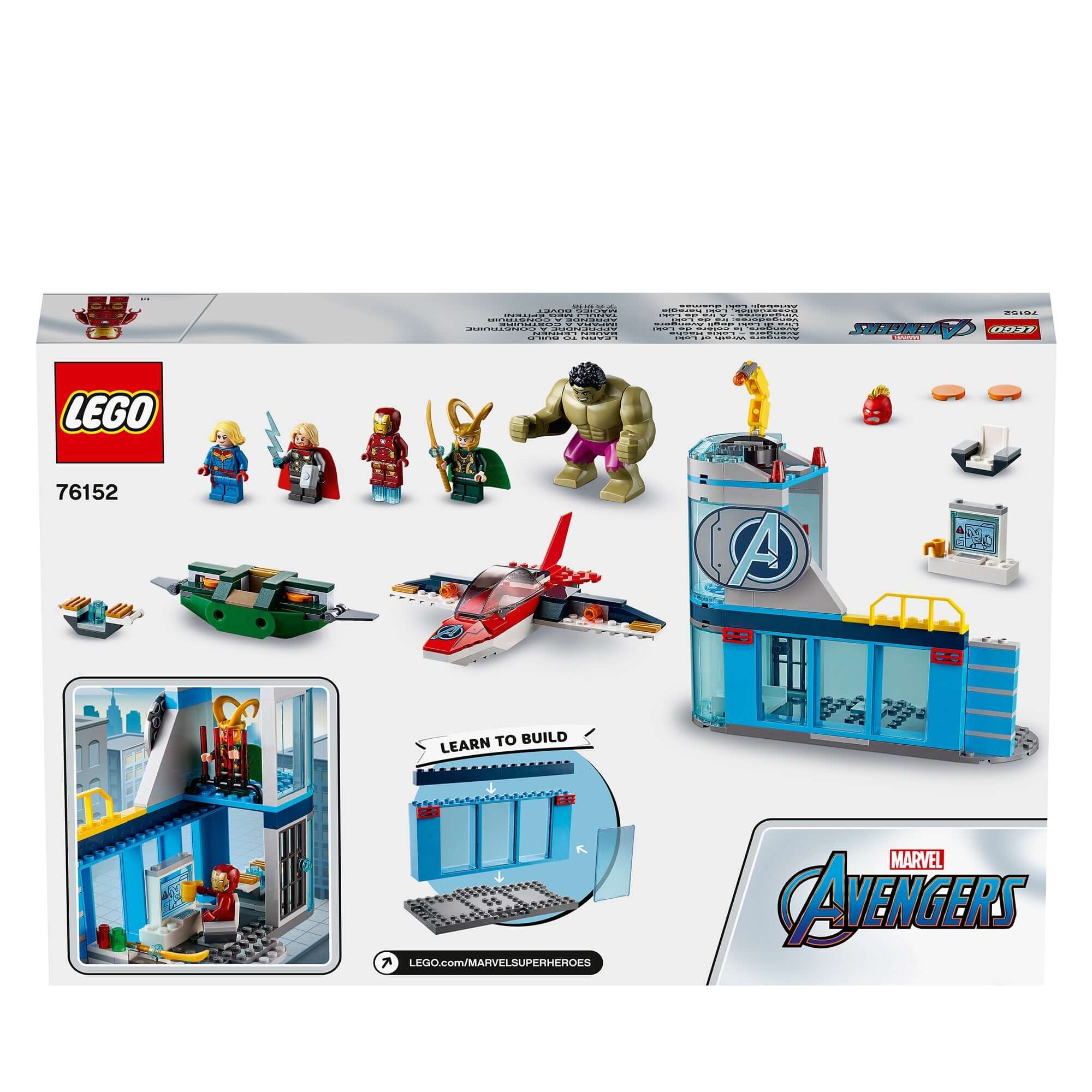 LEGO Marvel Avengers Wrath of Loki Set 76152 with Iron Man, Thor, Hulk, Captain Marvel, and Loki building figures.