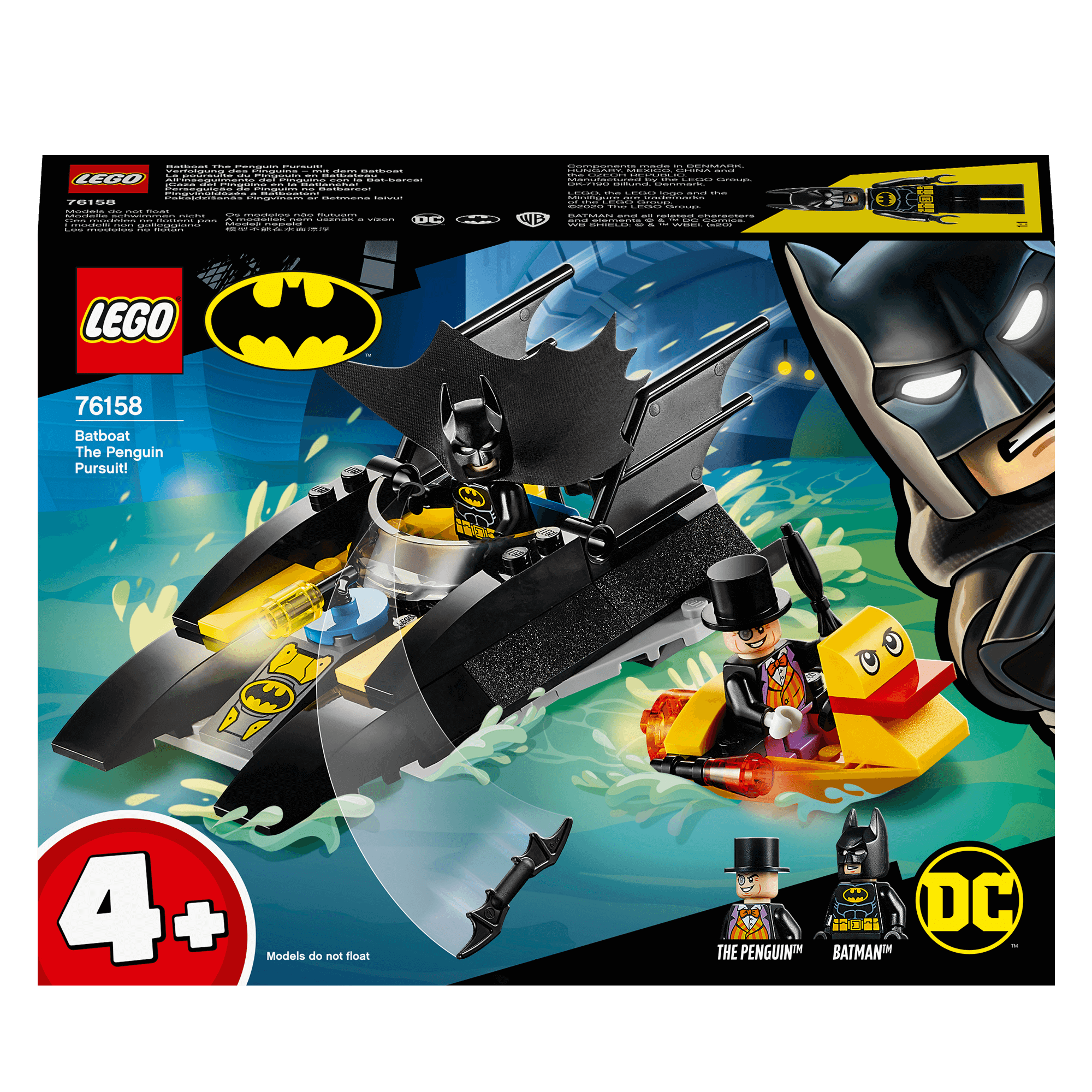 LEGO DC Batman Batboat The Penguin Pursuit set 76158 with Batman and Penguin minifigures in action.