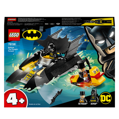 LEGO DC Batman Batboat The Penguin Pursuit set 76158 with Batman and Penguin minifigures in action.