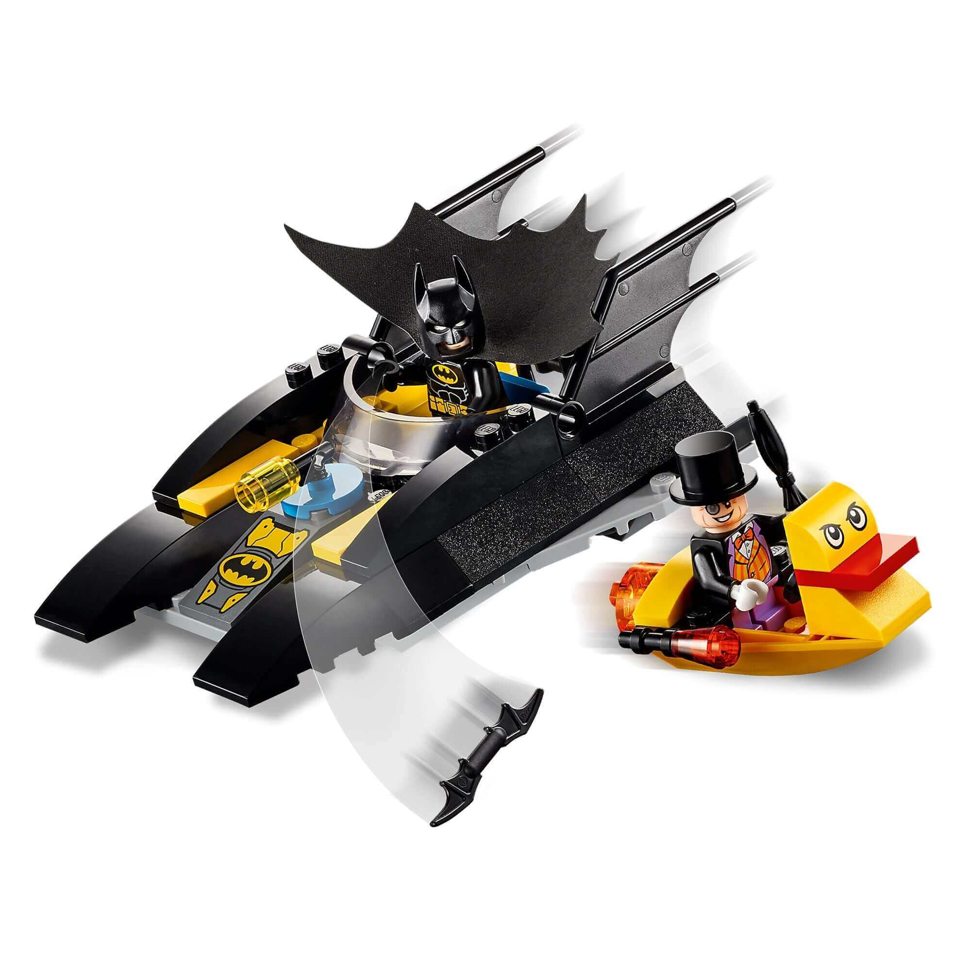 LEGO® Batman Battling Penguin in Batboat, featuring minifigures and playful toy boats for creative fun.