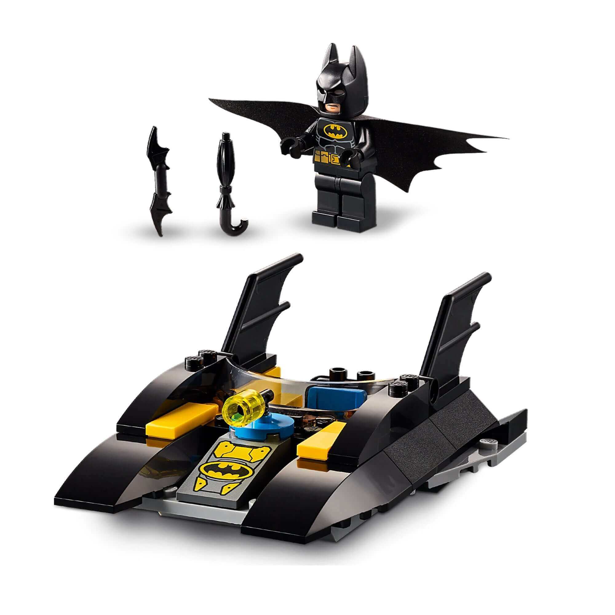 LEGO DC Batman Batboat with minifigure and accessories from The Penguin Pursuit set 76158, perfect for superhero adventures.