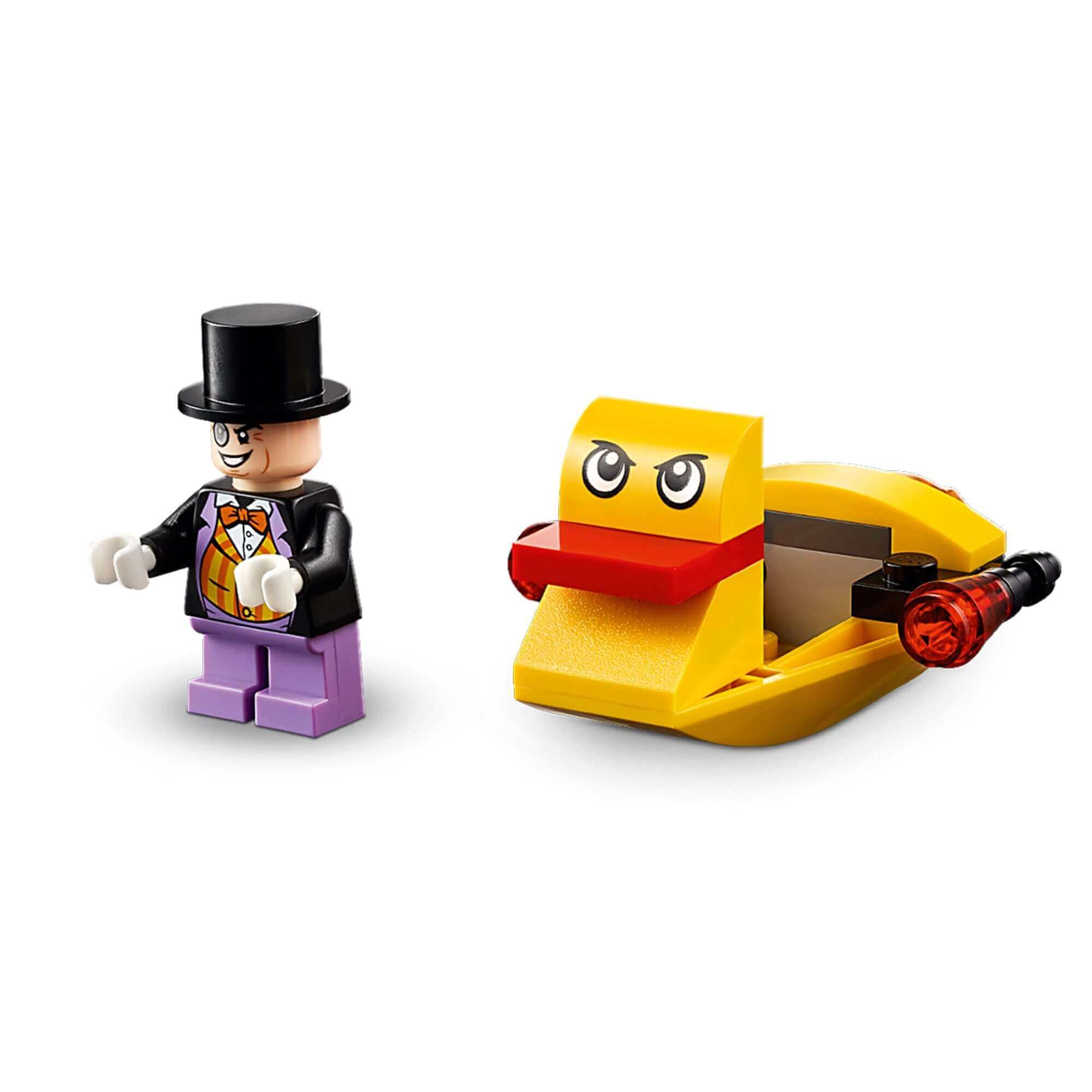 LEGO® DC Batman Batboat The Penguin Pursuit with Penguin minifigure and yellow duck boat toy.