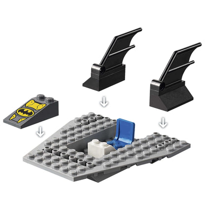 LEGO® DC Batman Batboat building set components with Batman decorative pieces and wings for creative play.