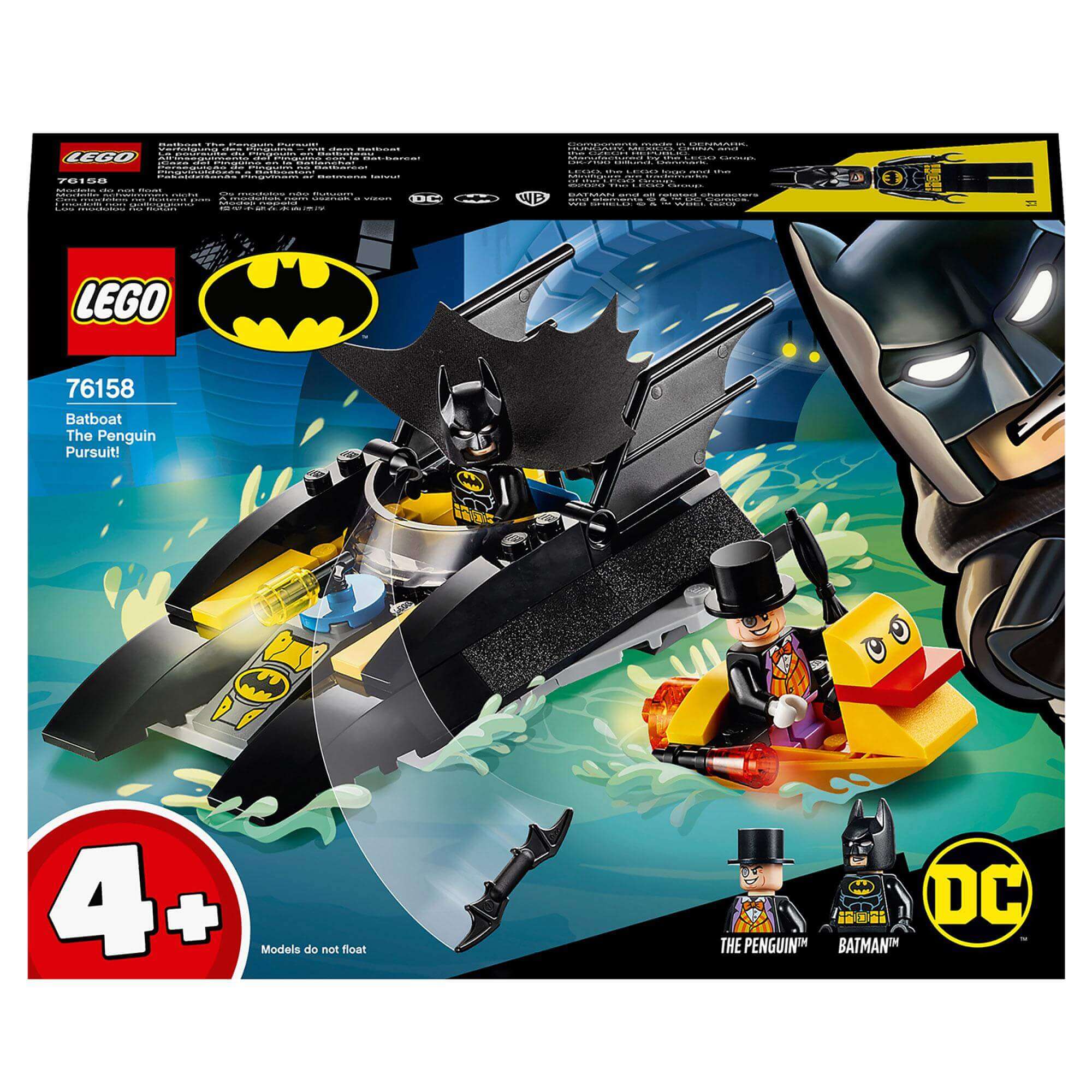 LEGO DC Batman Batboat The Penguin Pursuit set 76158 featuring Batman and The Penguin minifigures.