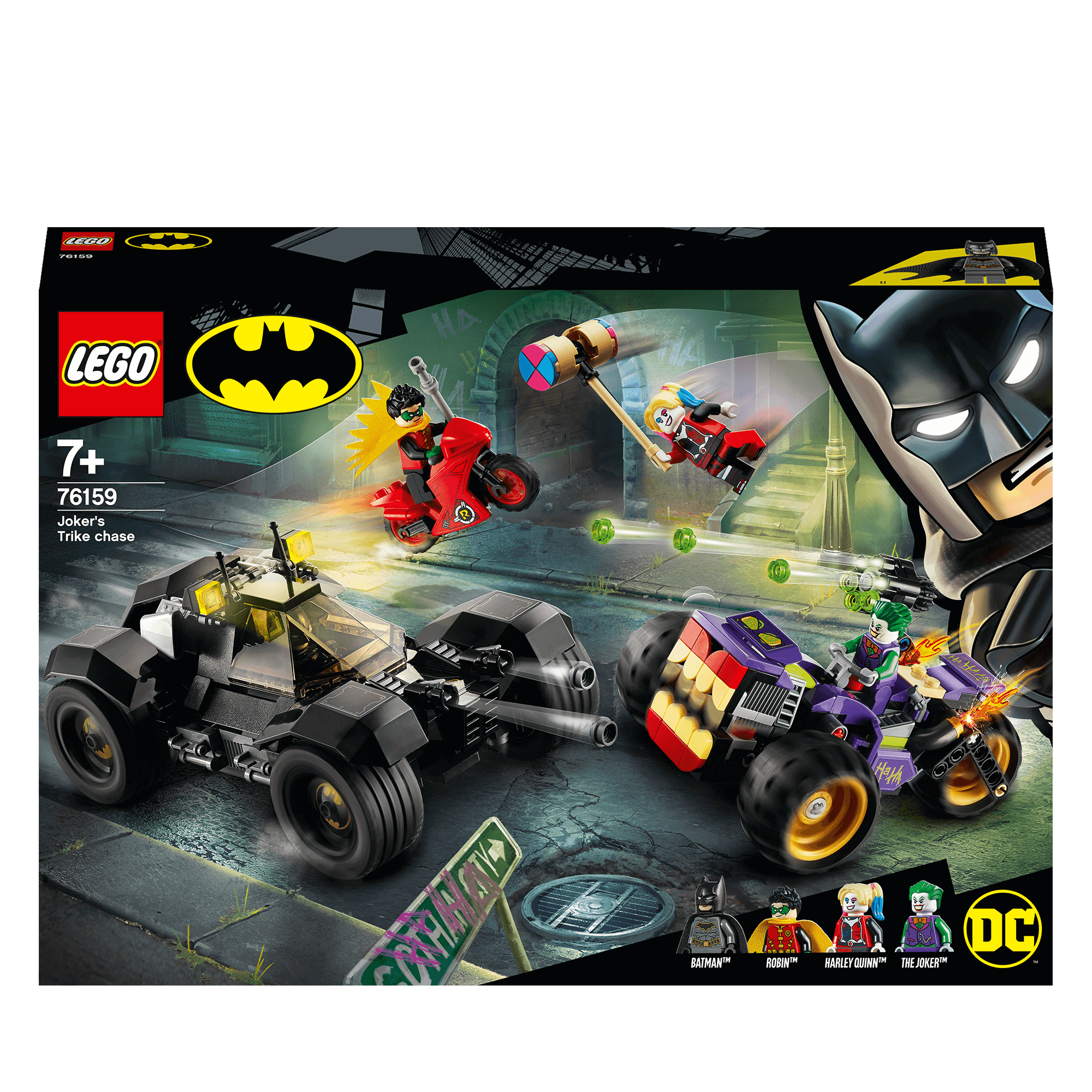 LEGO DC Batman Joker's Trike Chase 76159 featuring Batman, Joker, and vehicles for exciting action.
