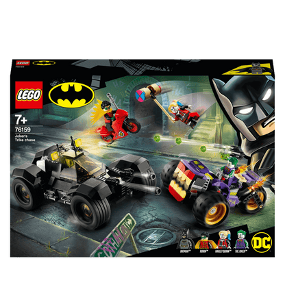 LEGO DC Batman Joker's Trike Chase 76159 featuring Batman, Joker, and vehicles for exciting action.