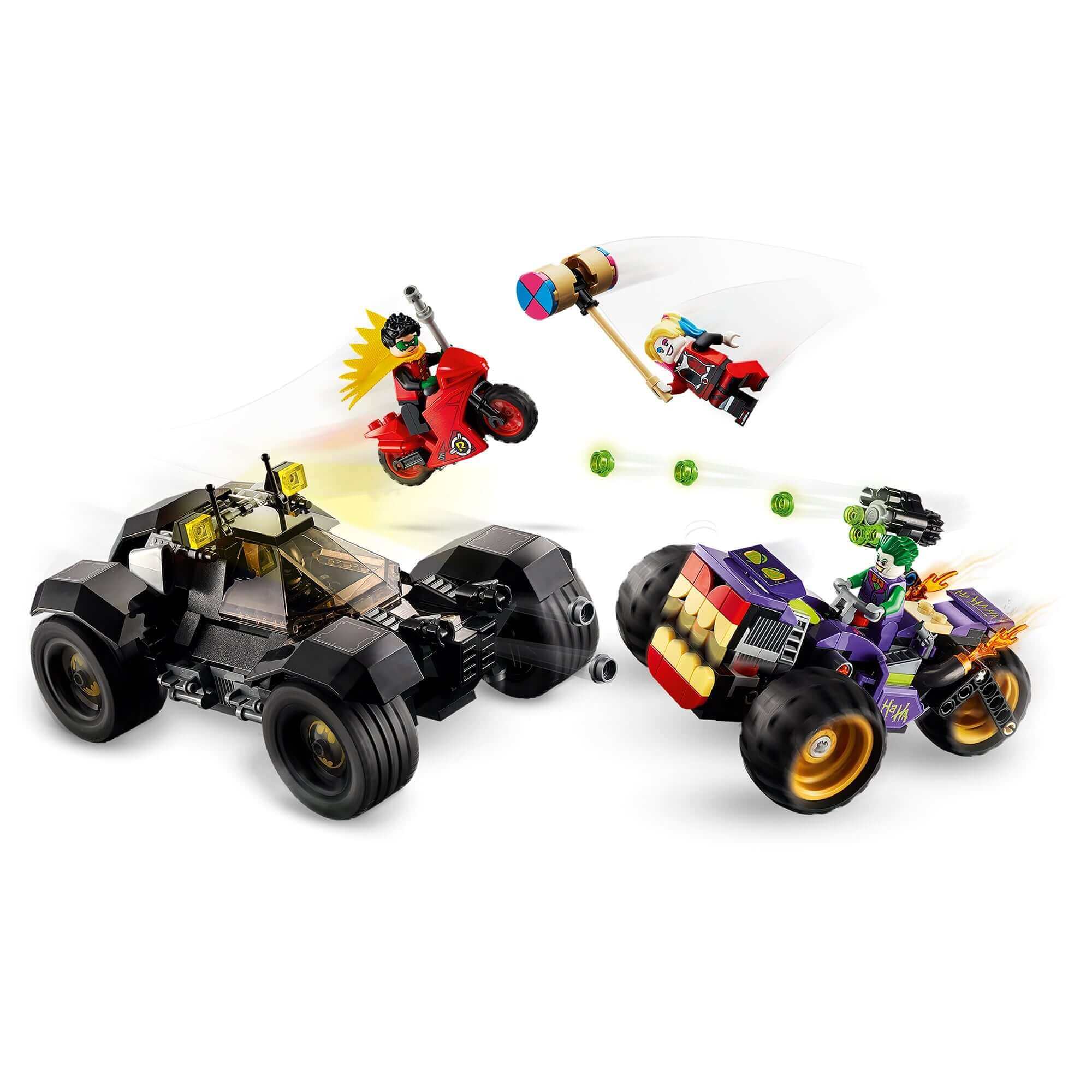 LEGO DC Batman Joker's Trike Chase set with Batman and Joker figures in action, featuring iconic vehicles and fun weapons.