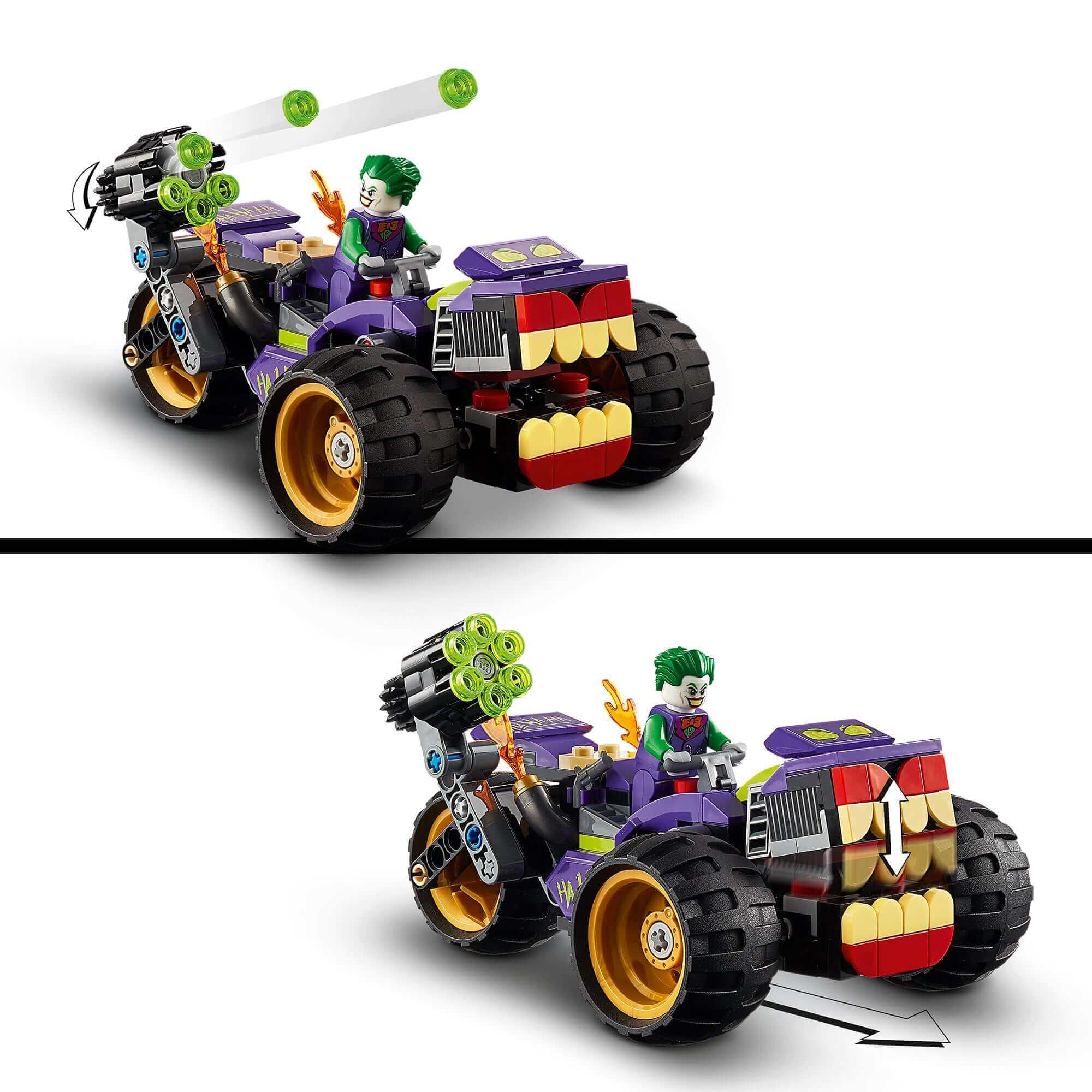 LEGO DC Batman Joker's Trike Chase Toy 76159 featuring Joker on a colorful trike with cool features and weapons.