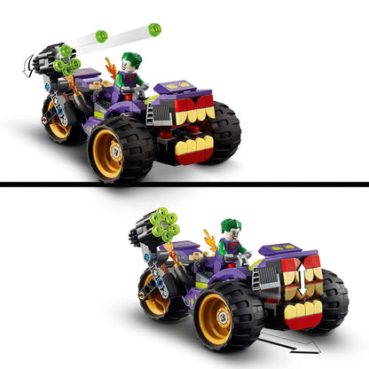 LEGO DC Batman Joker's Trike Chase Toy 76159 featuring Joker on a colorful trike with cool features and weapons.