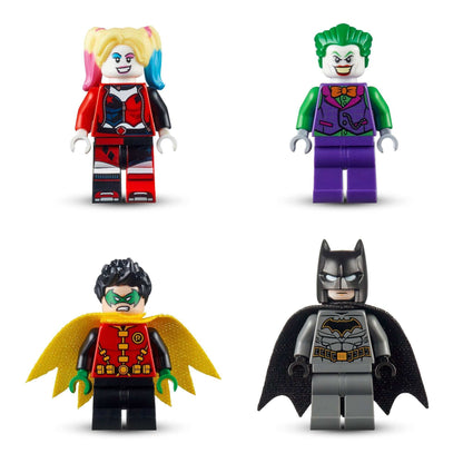 LEGO DC Batman Joker's Trike Chase toy characters: Harley Quinn, Joker, Robin, and Batman figures.