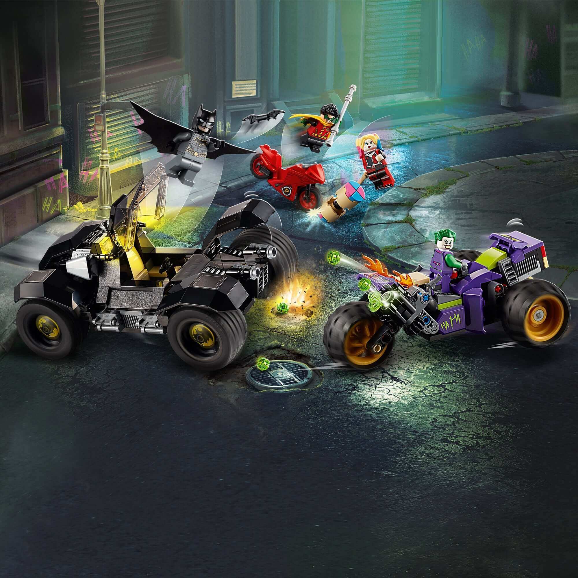 LEGO DC Batman Joker's Trike Chase set 76159 featuring Batman and Joker in action with vehicles and weapons.