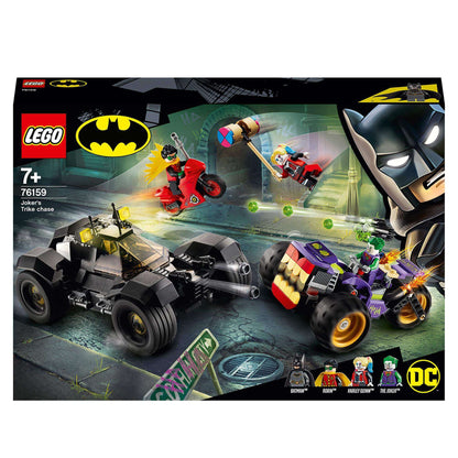 LEGO® DC Batman Joker's Trike Chase Toy 76159 showcasing Batman, The Joker, and action-packed vehicles for kids.