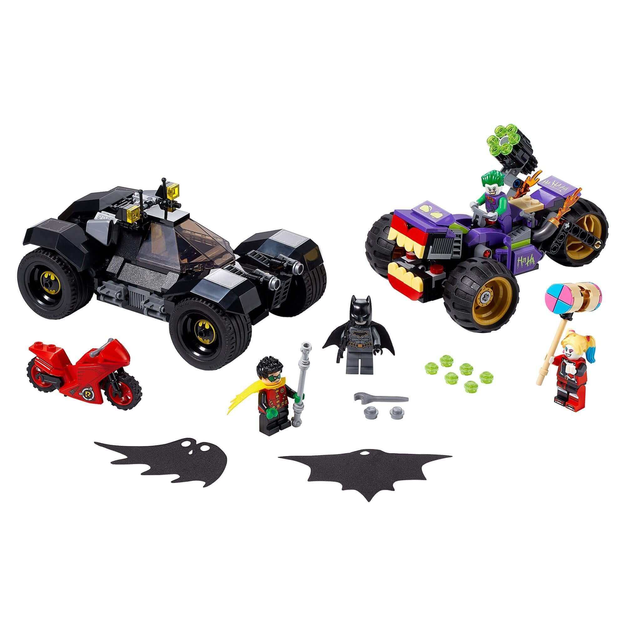 LEGO® DC Batman Joker's Trike Chase 76159 set with Batman, Joker, vehicles, and accessories for action play.