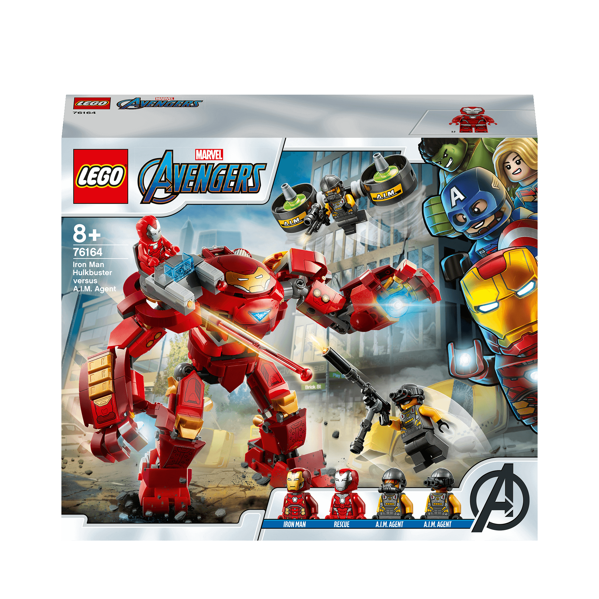 LEGO Marvel Iron Man Hulkbuster vs A.I.M. Agent 76164 set featuring Iron Man and collectible figures.