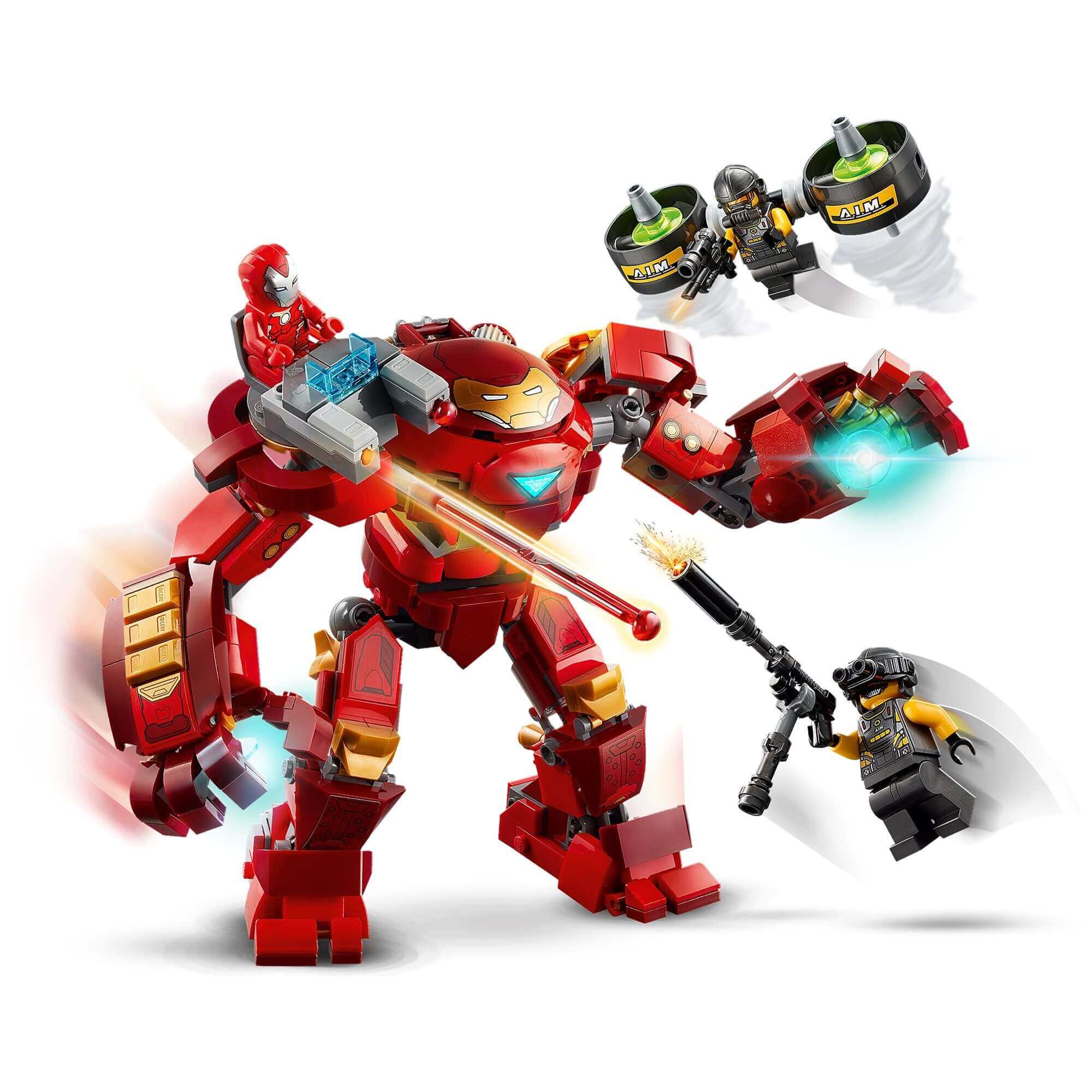 LEGO® Marvel Iron Man Hulkbuster set featuring movable limbs and A.I.M. agents in an action-packed scene.