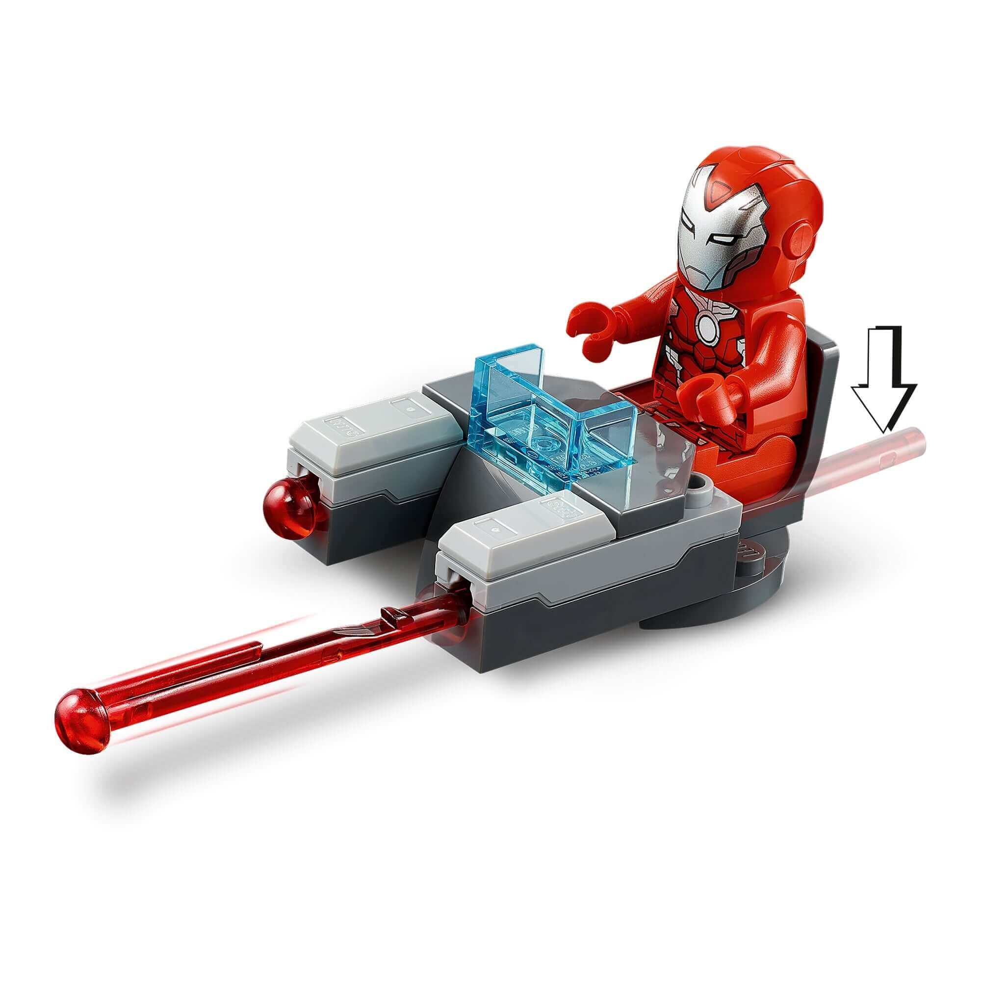 LEGO Marvel Iron Man in a red and gray vehicle with lasers, designed for imaginative play and epic battles.