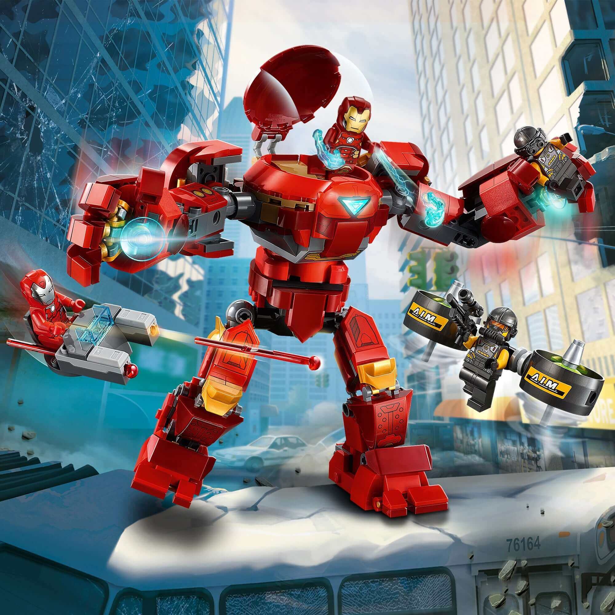 LEGO Marvel Iron Man Hulkbuster 76164 battles A.I.M. agents in an imaginative action scene with movable features.