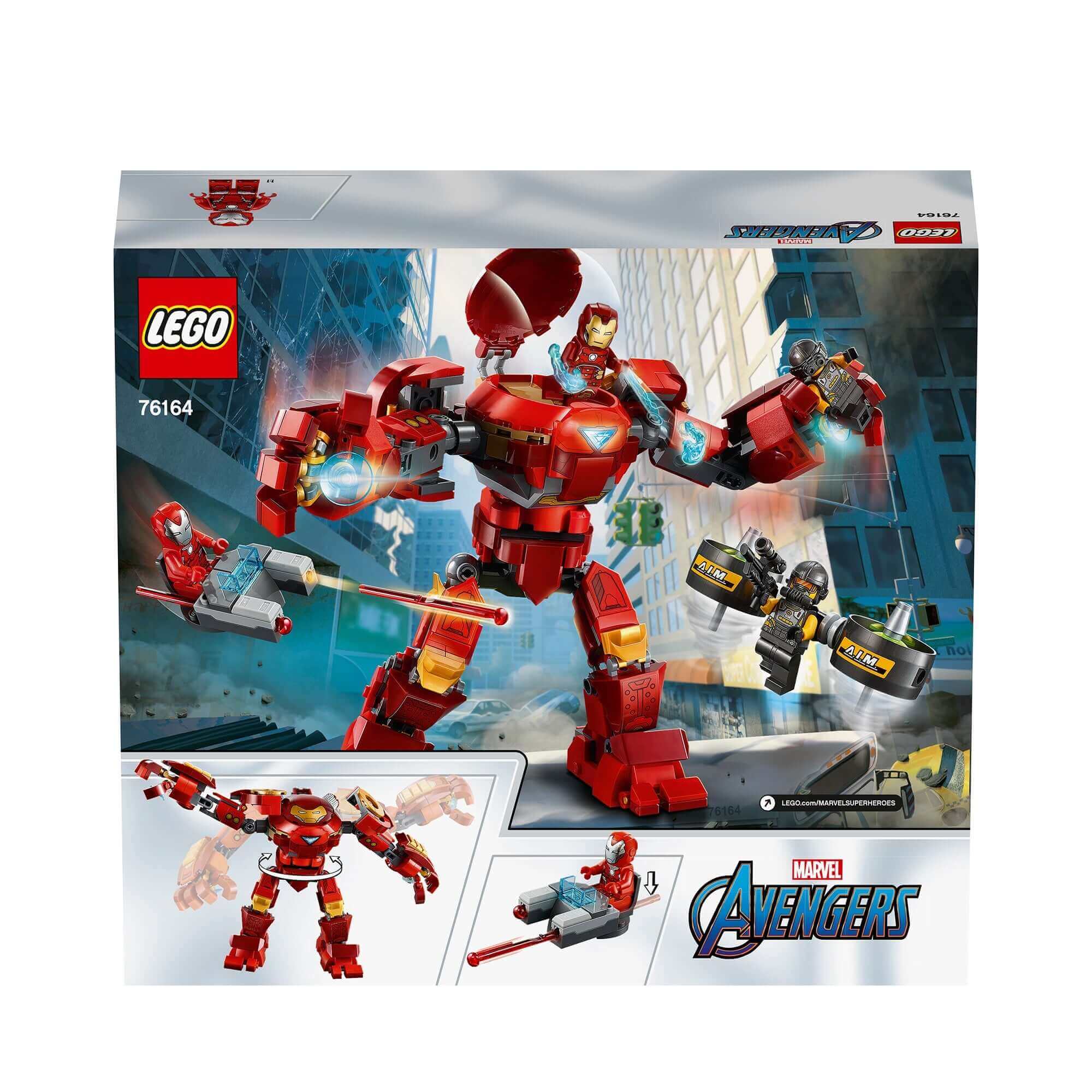 LEGO Marvel Iron Man Hulkbuster 76164 set with movable limbs and A.I.M. Agent for imaginative play.