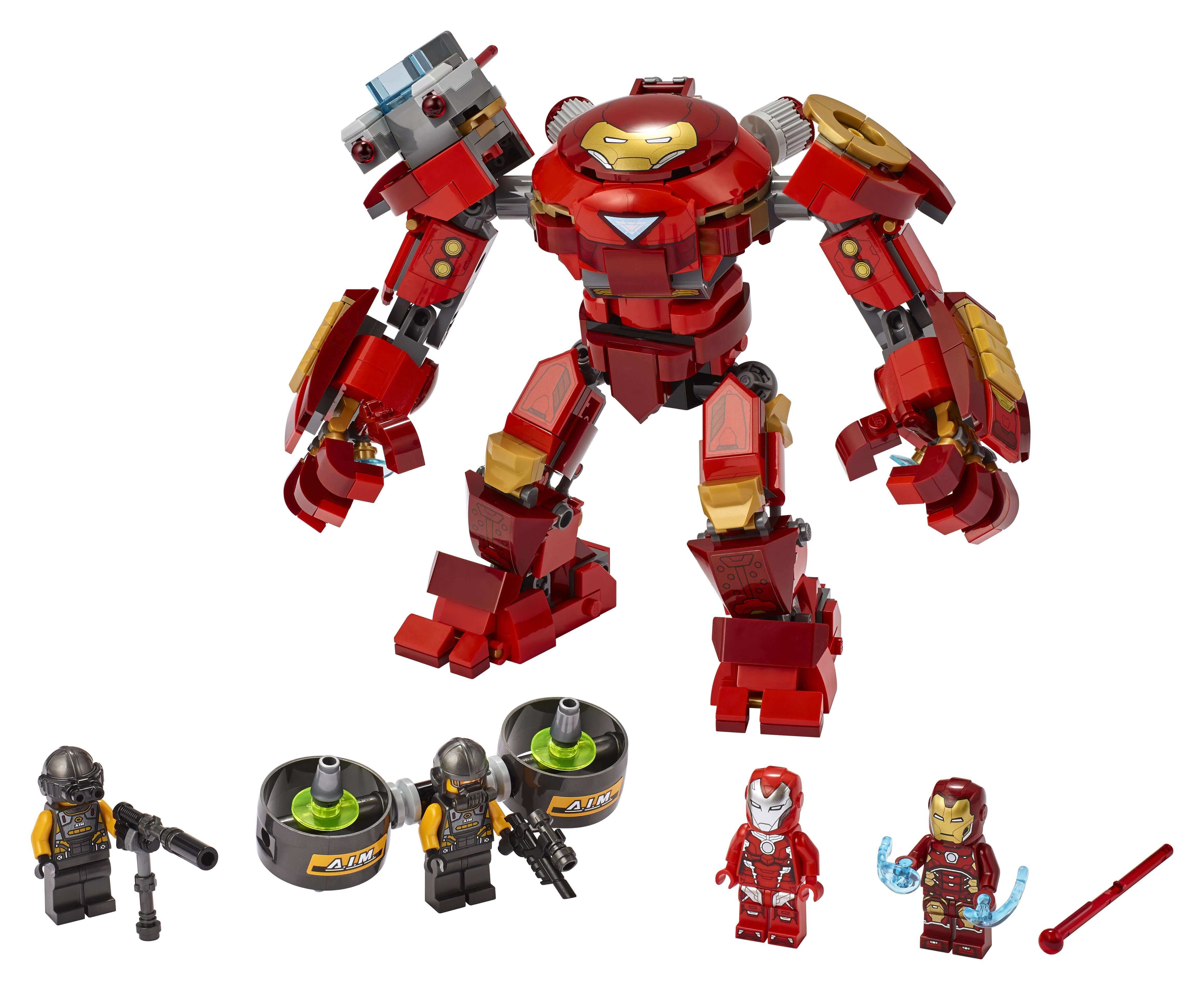 LEGO® Marvel Iron Man Hulkbuster set with movable robot and A.I.M. Agent minifigures, perfect for imaginative play.