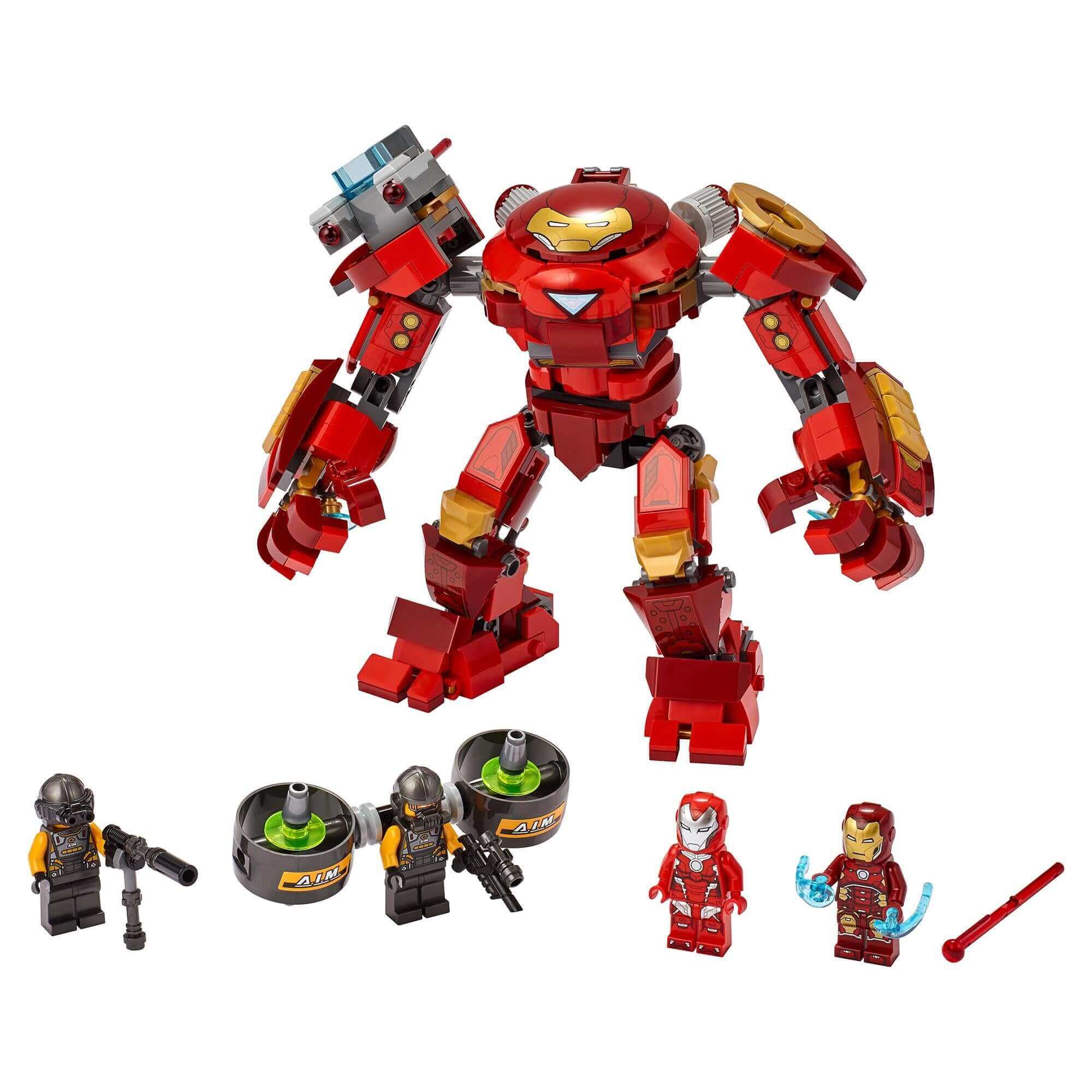 LEGO Marvel Iron Man Hulkbuster set with Iron Man figure and A.I.M. Agents, featuring movable limbs for epic battles.