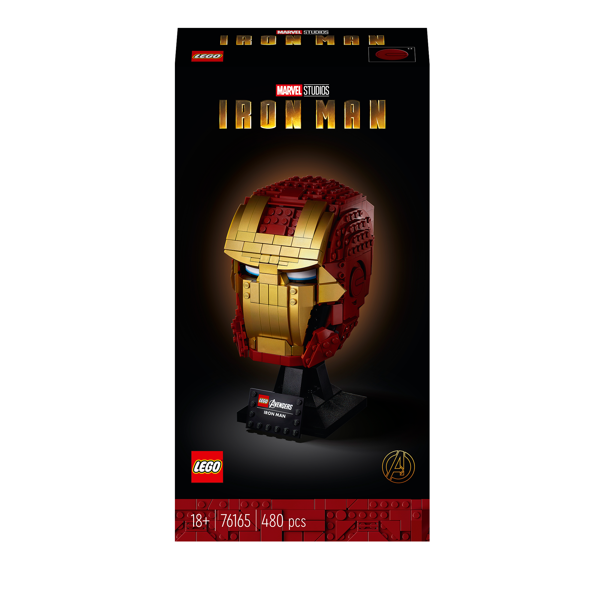 LEGO® Marvel Iron Man Helmet set 76165 packaging, featuring a detailed brick-built helmet design for adult fans.