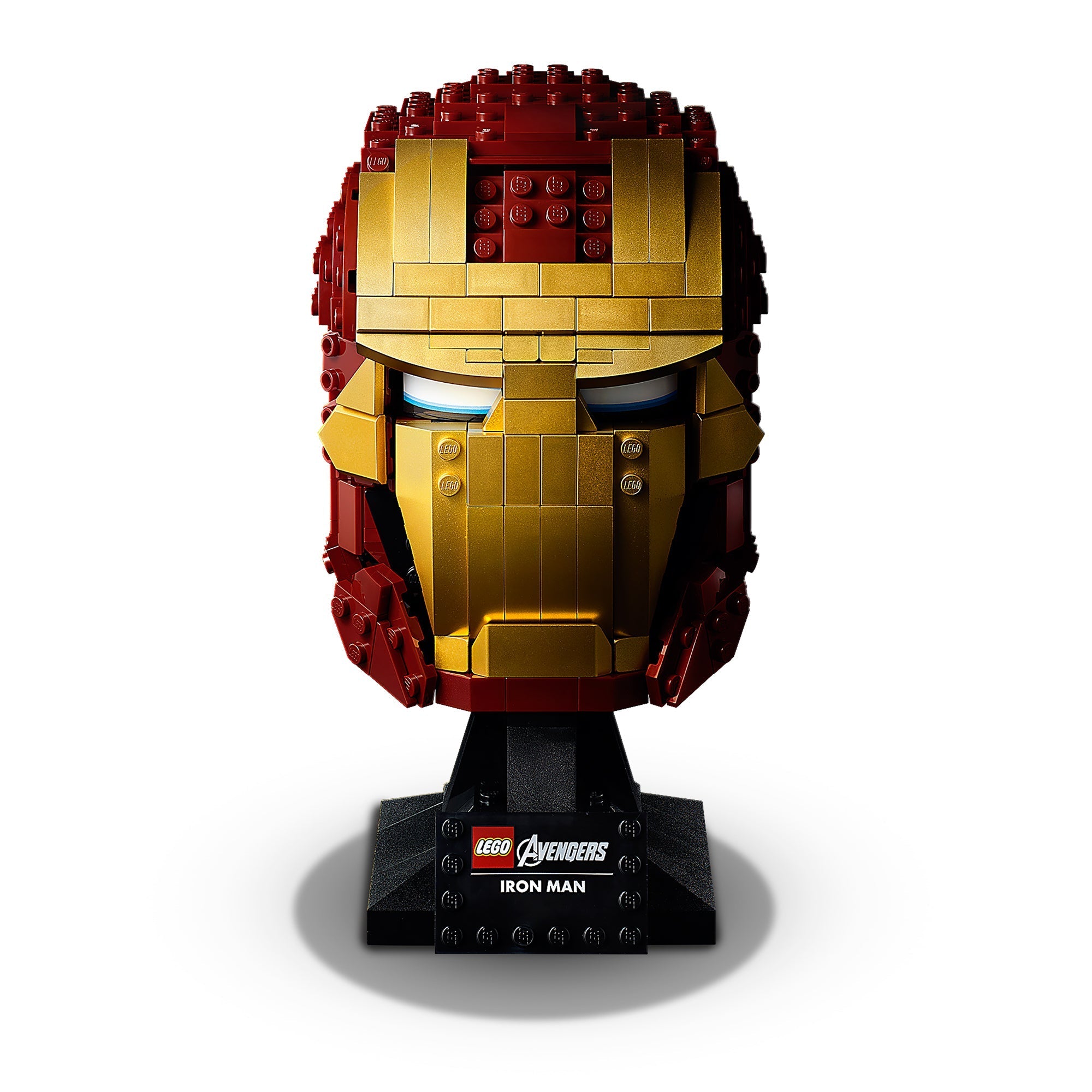 LEGO® Marvel Iron Man Helmet 76165 display model with iconic red and gold design for adult fans of Marvel movies.