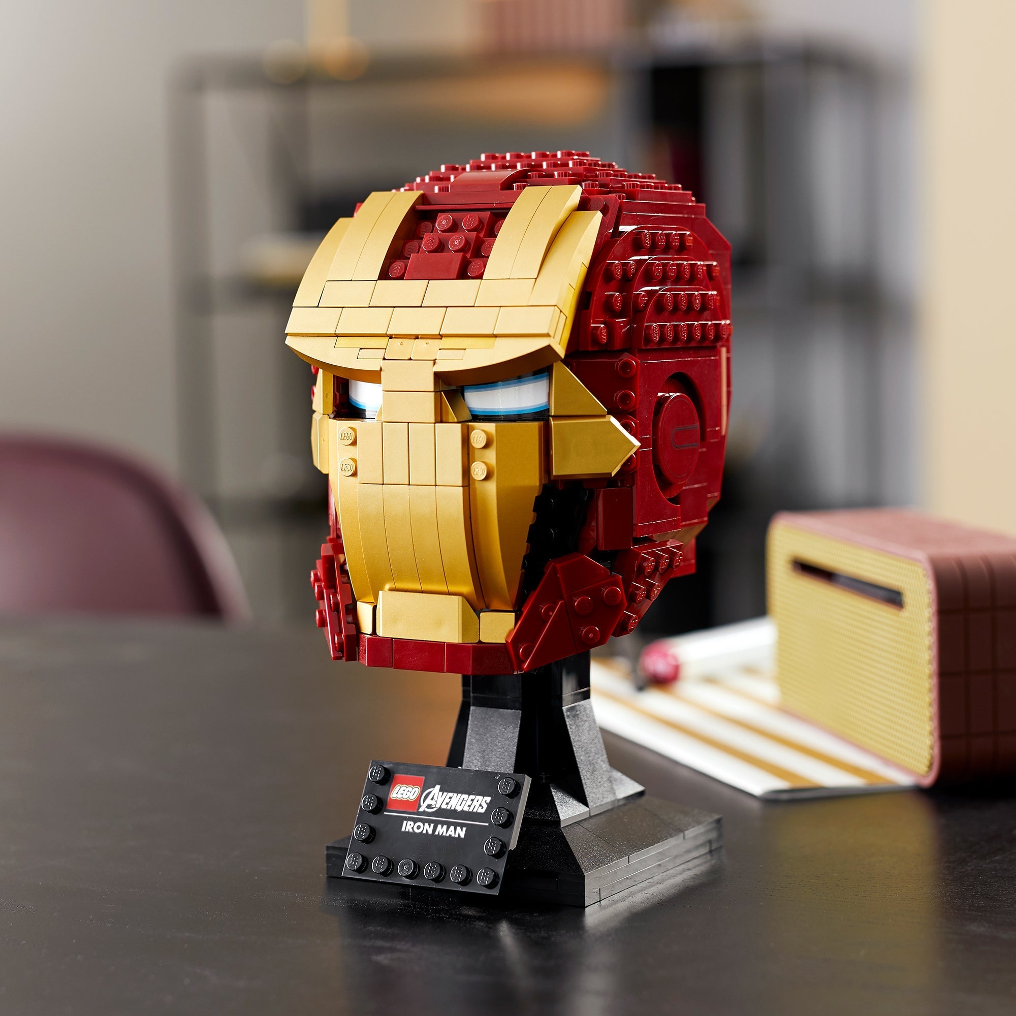 LEGO Marvel Iron Man Helmet 76165 display build for adult fans of Marvel movies, showcasing detailed brick design.